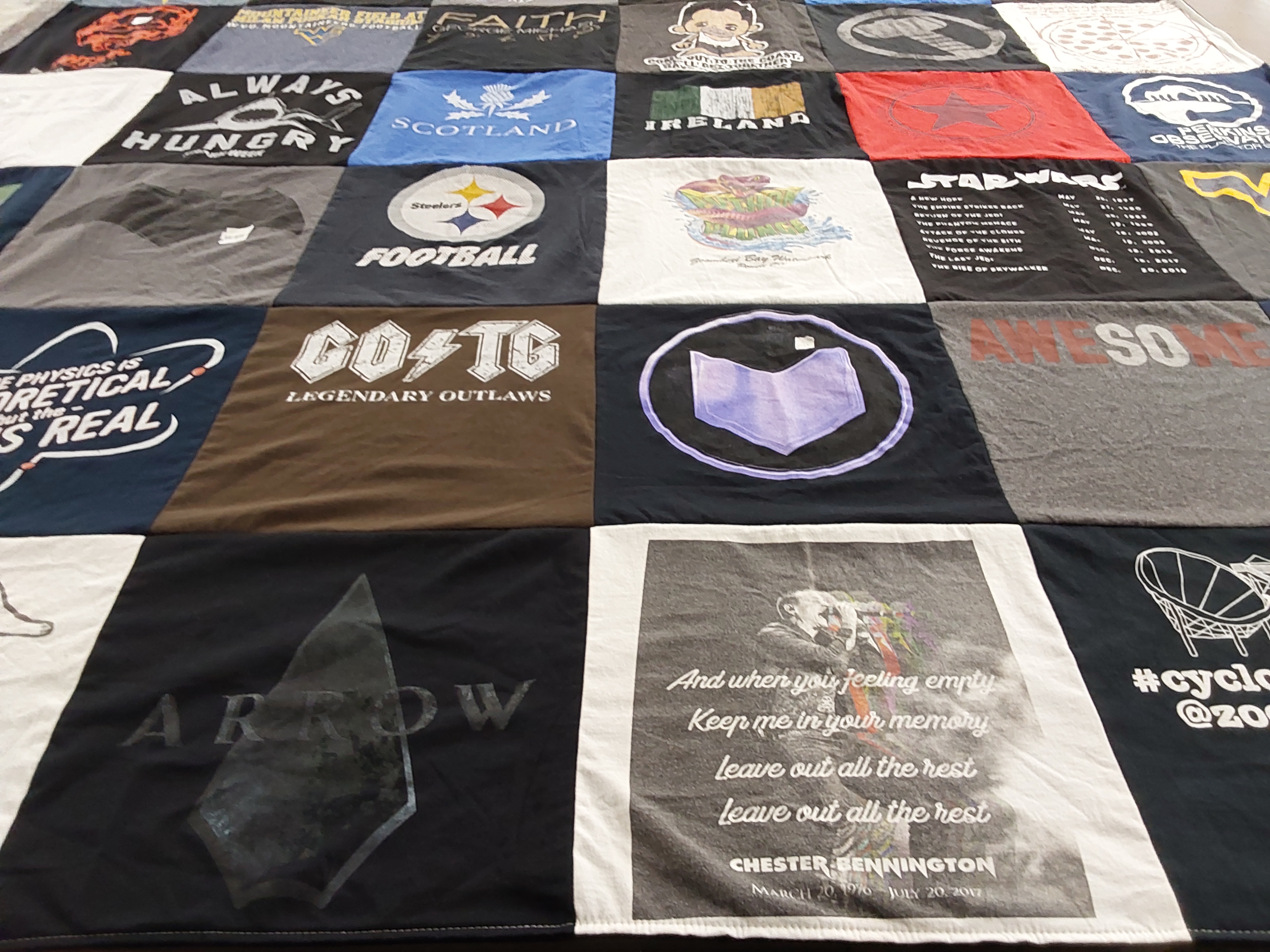 T-shirt quilt with science, physics themes by Amy from OH