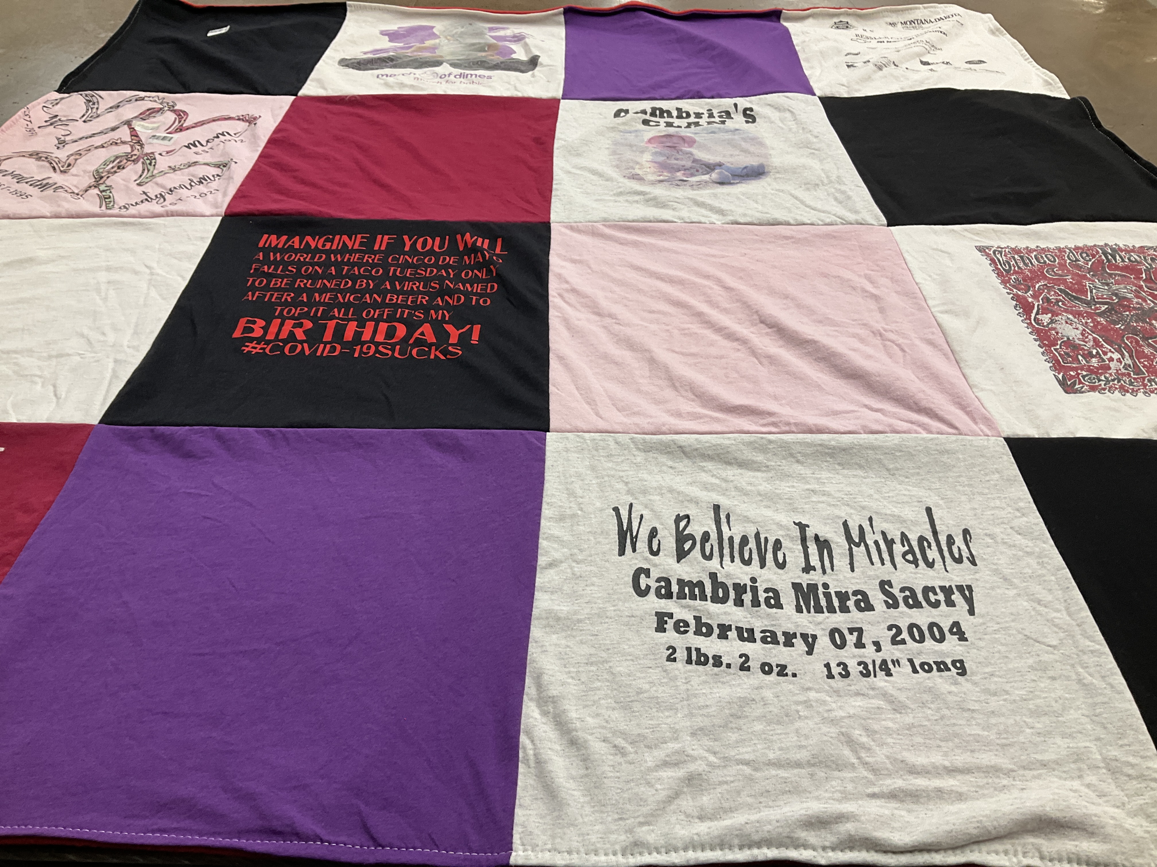 T-shirt quilt with birthdays, celebrations themes by Kimberly from MT