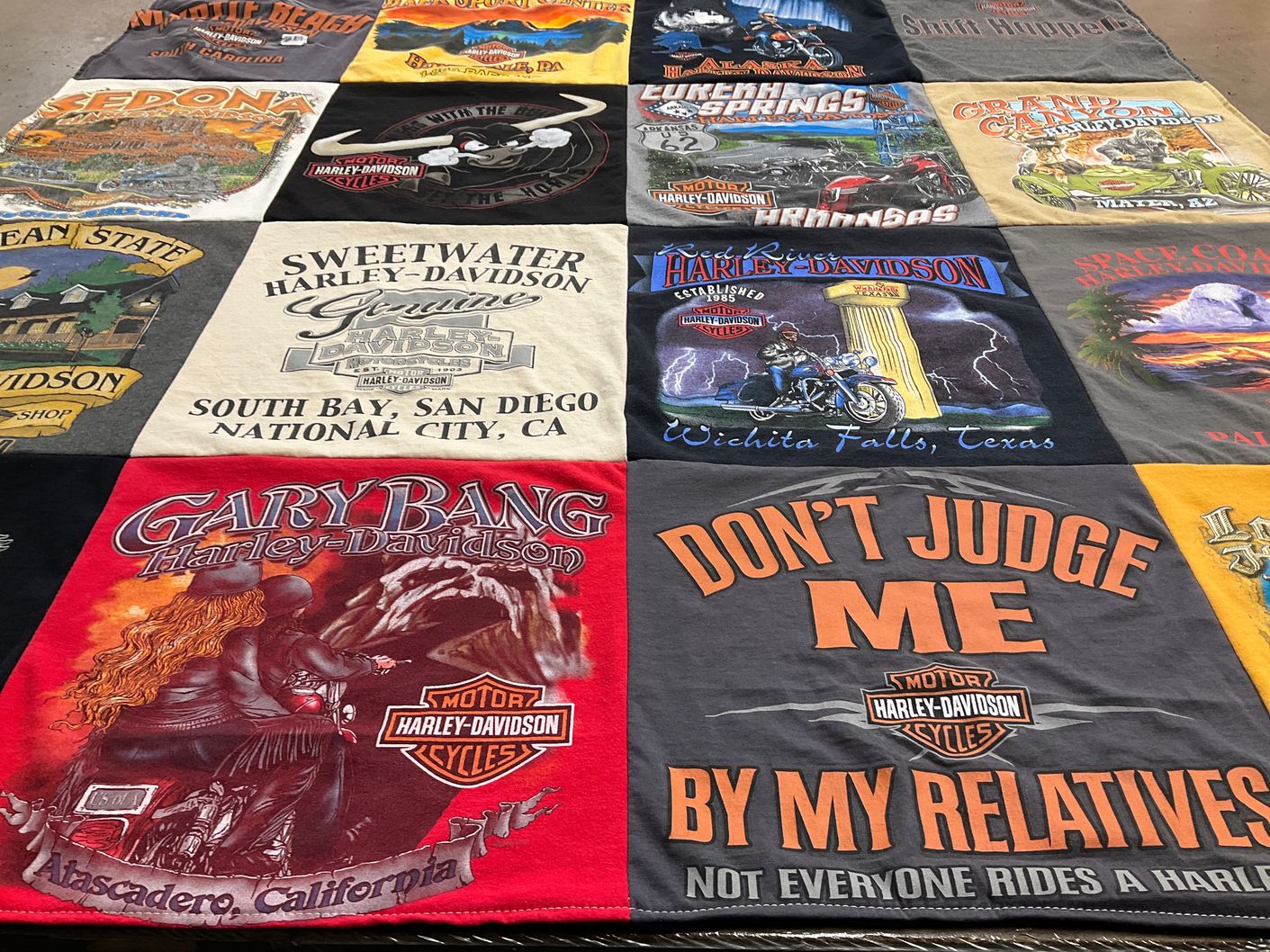 T-shirt quilt with motorcycle, biking themes by Wendy from AZ
