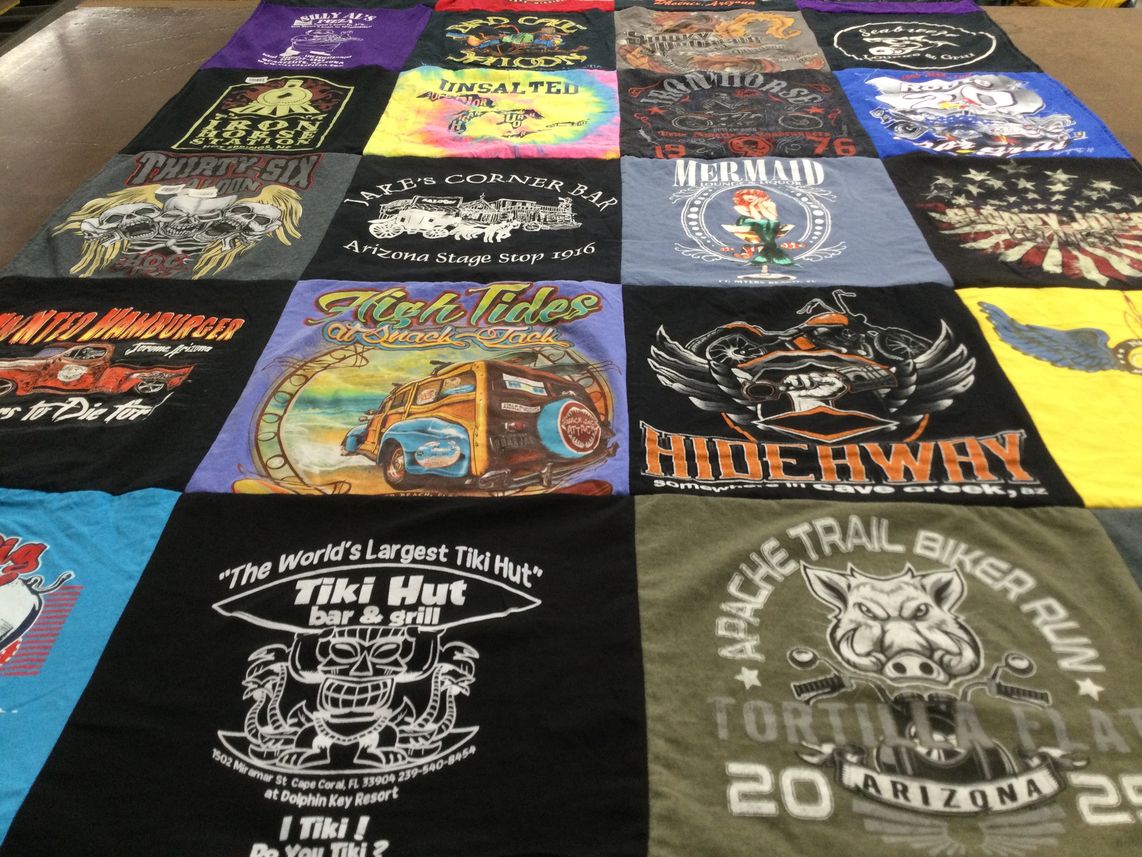 T-shirt quilt with biking, beach culture themes by barbara from IL