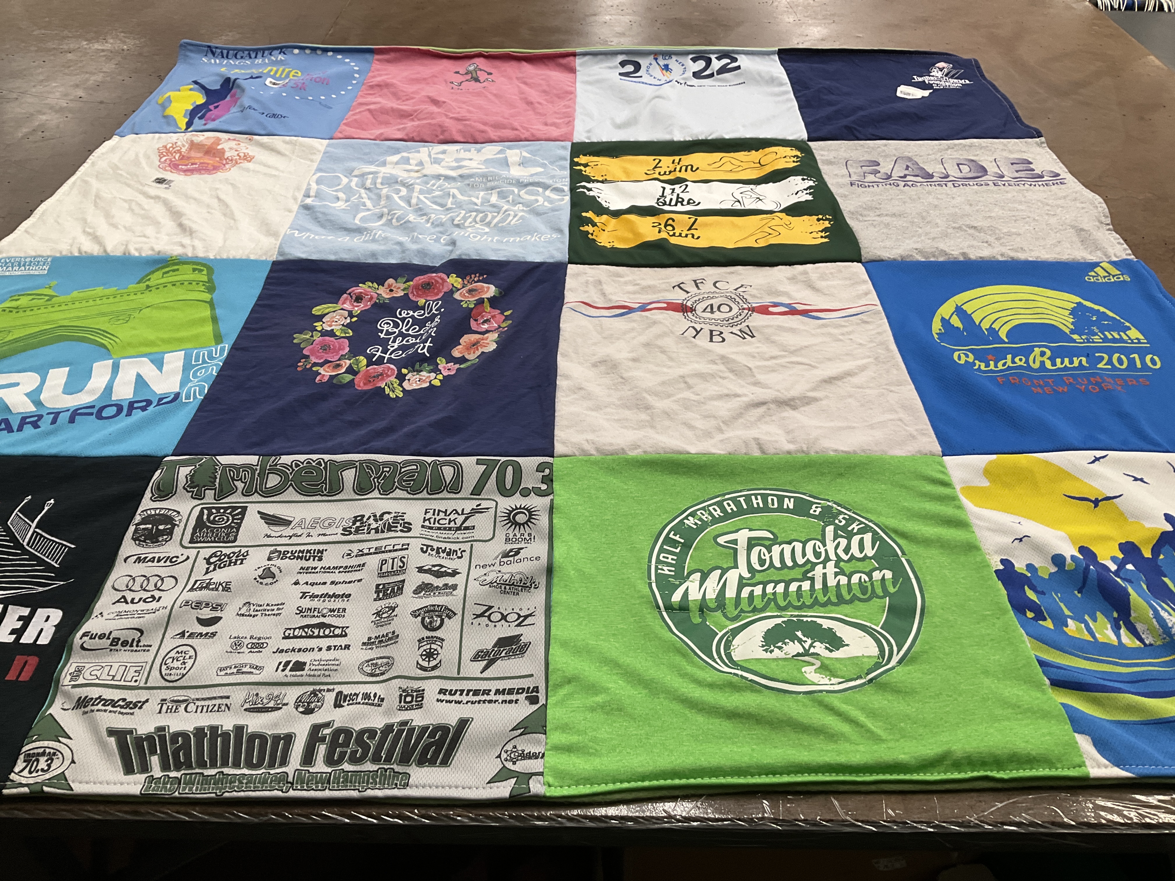 T-shirt quilt with running, marathons themes by Laura from NJ