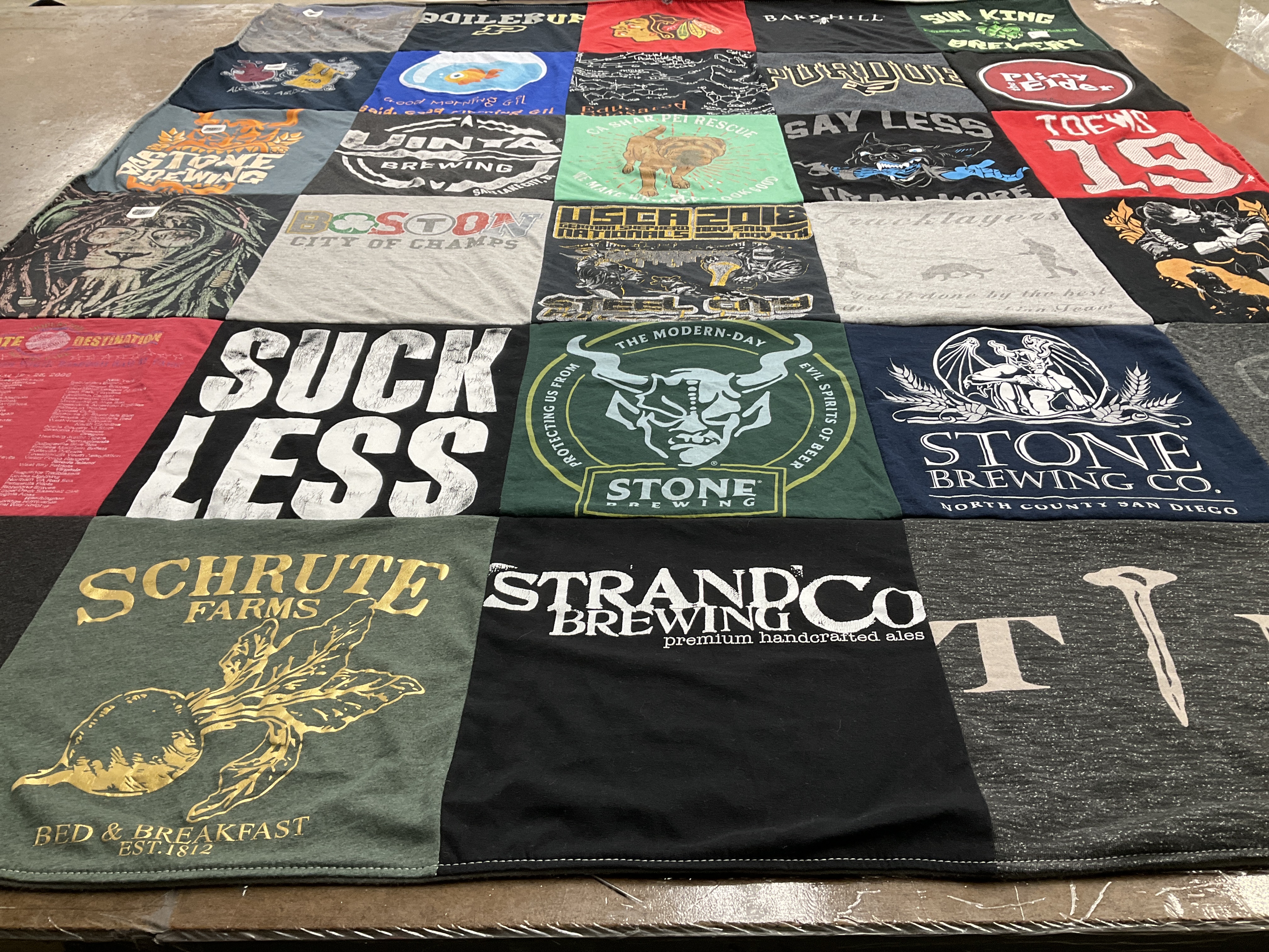 T-shirt quilt with brewing, restaurants themes by Rebekah from MA