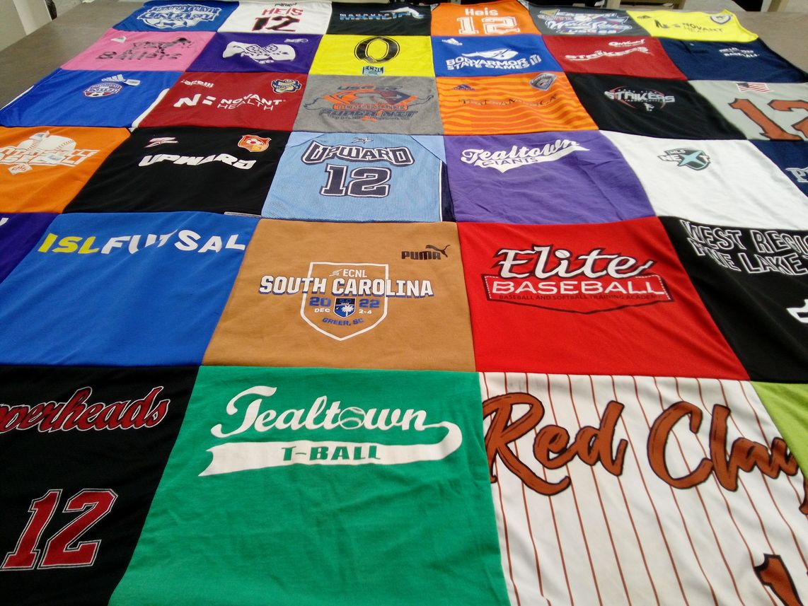 T-shirt quilt featuring tealtown t-ball, superheads by Crystal from NC