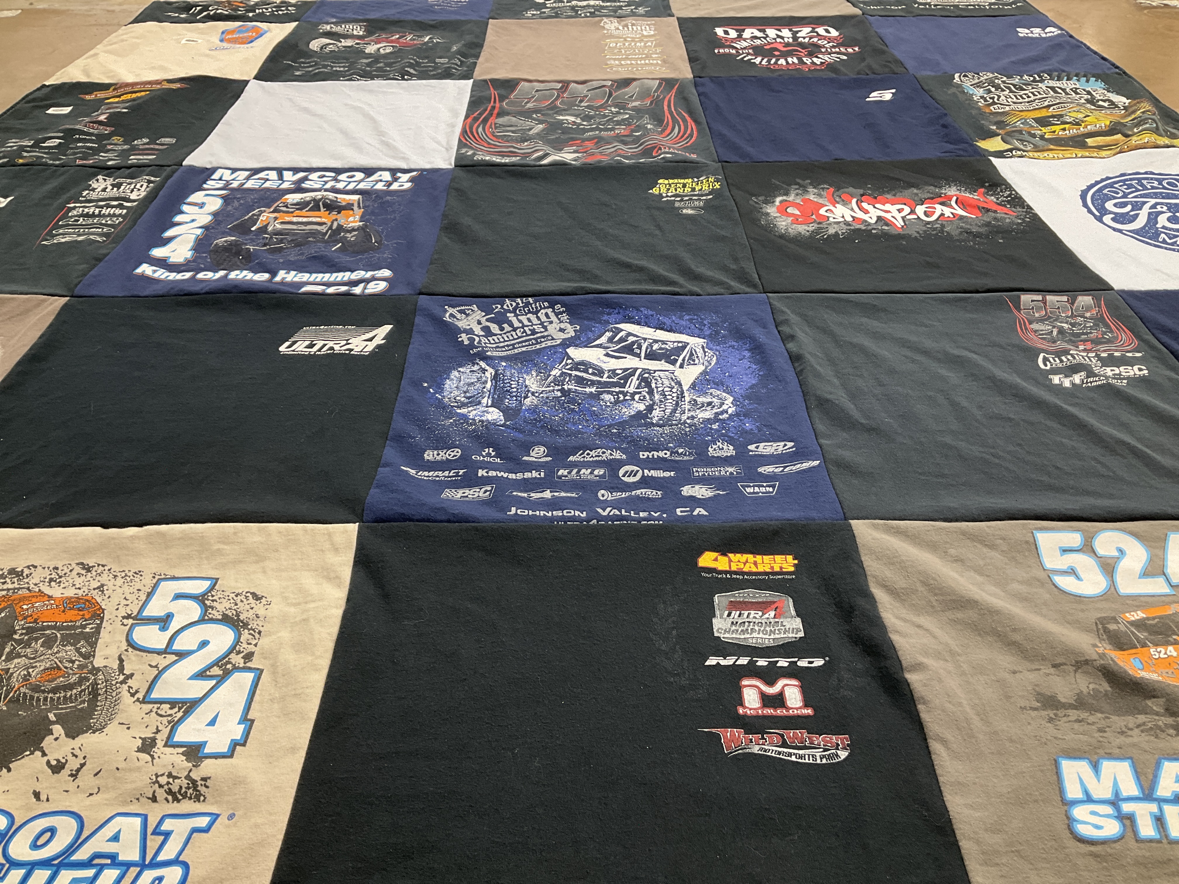 T-shirt quilt with off-road racing, motorsports themes by Carrie from CA