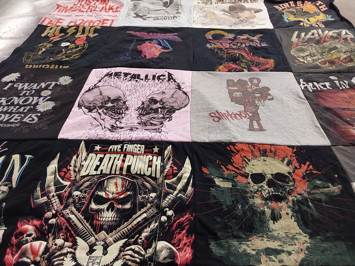 T-shirt quilt with music, rock themes by Sarah from MA