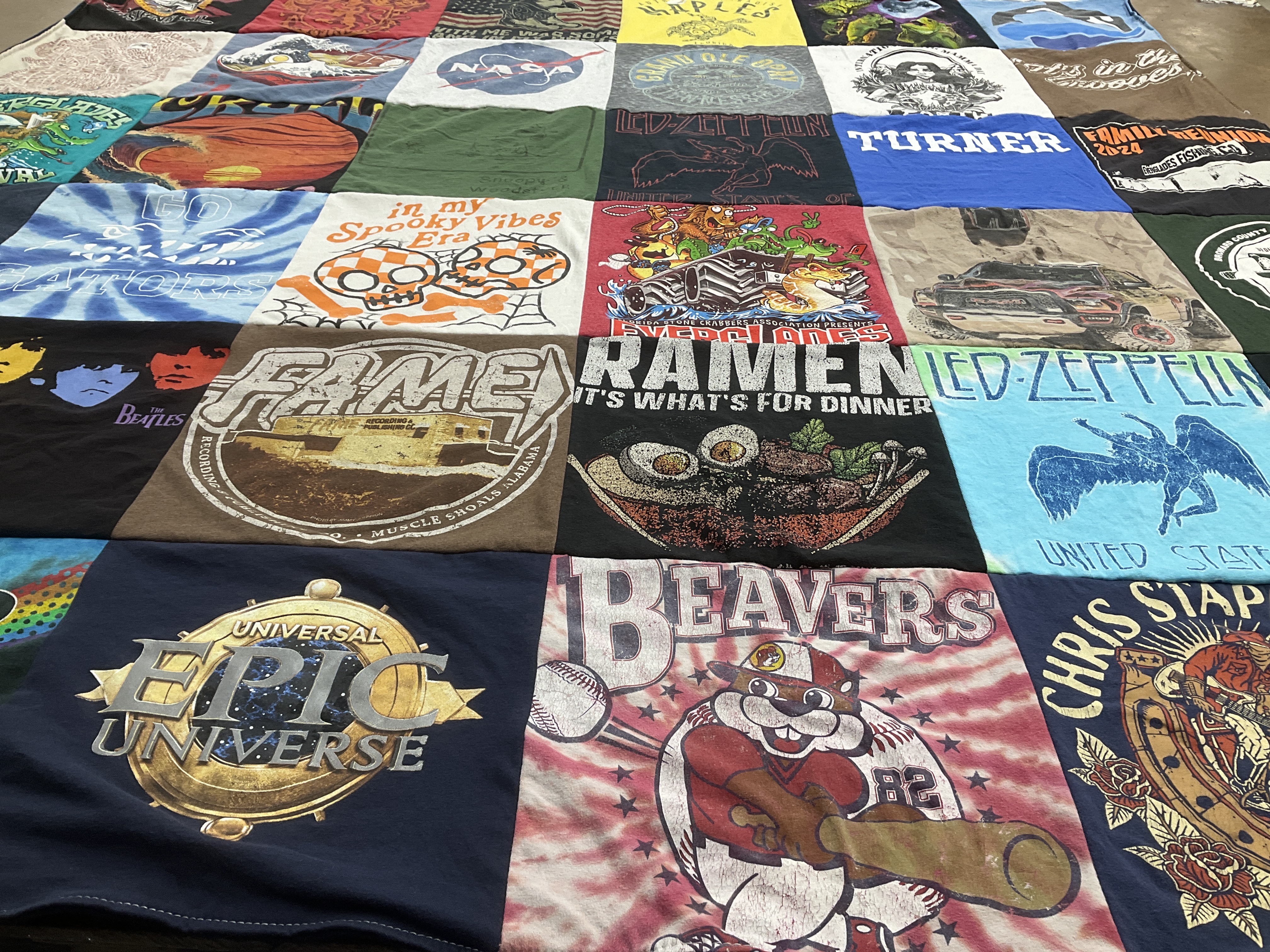 T-shirt quilt with music, cars themes by Maria from FL