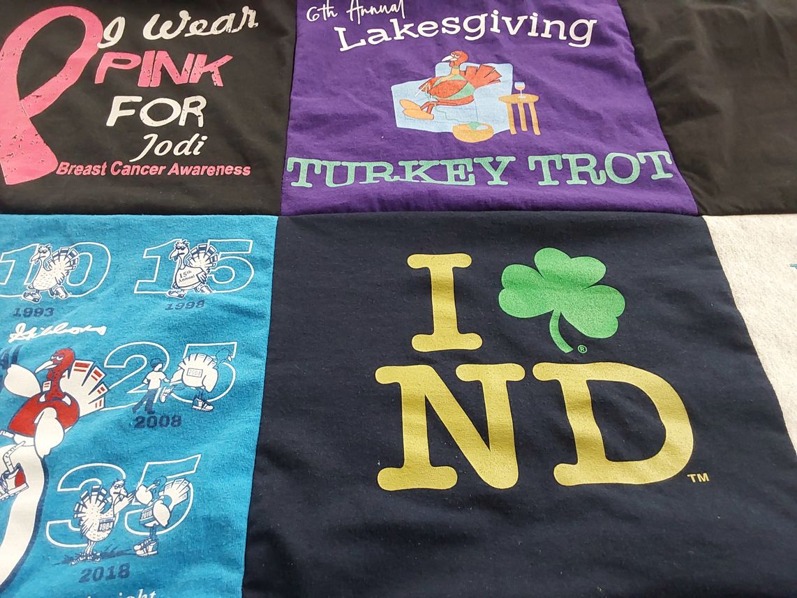 T-shirt quilt with breast cancer awareness, thanksgiving themes by Lianne from IL
