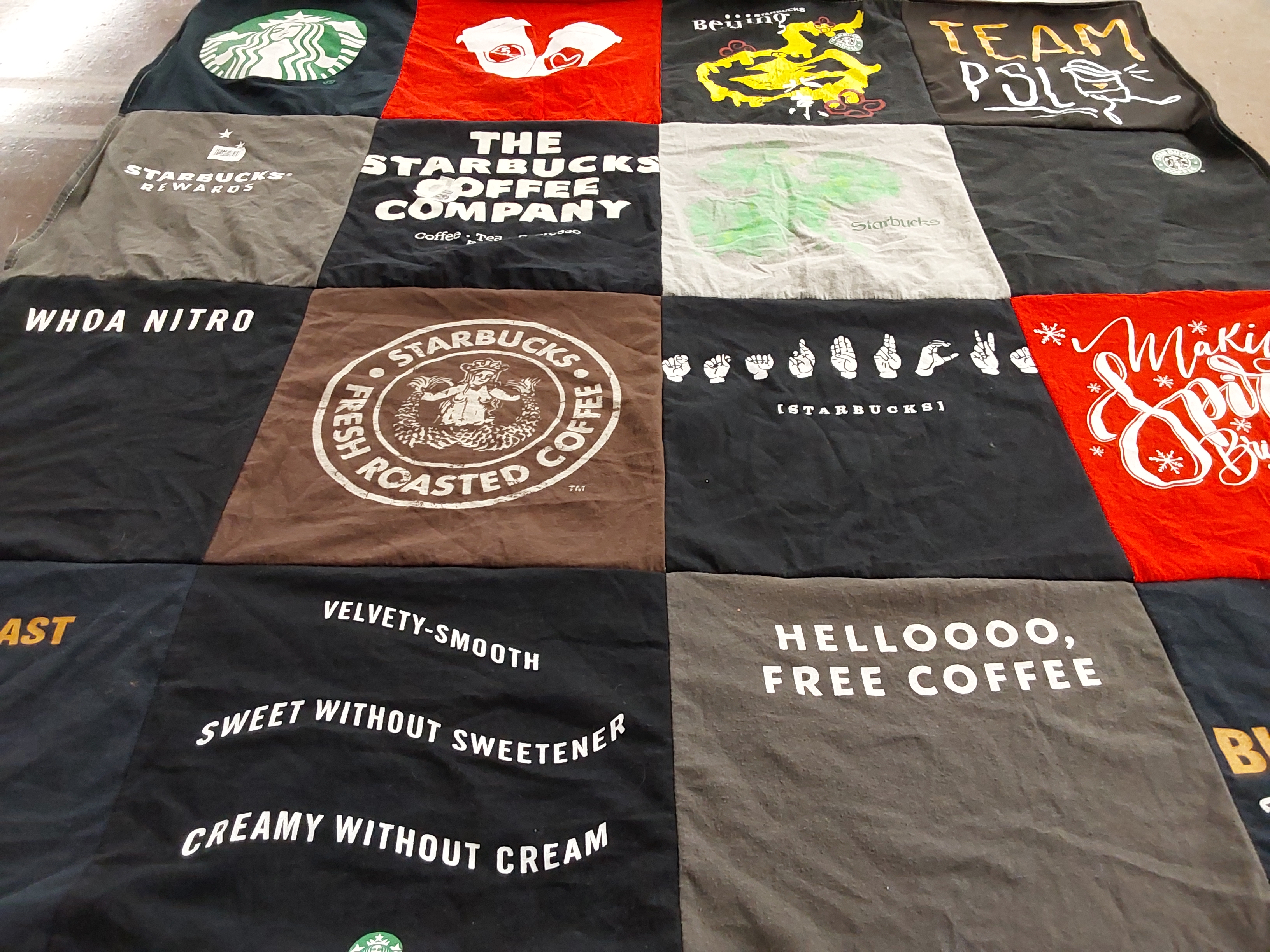 T-shirt quilt with coffee, starbucks themes by Virginia from NC