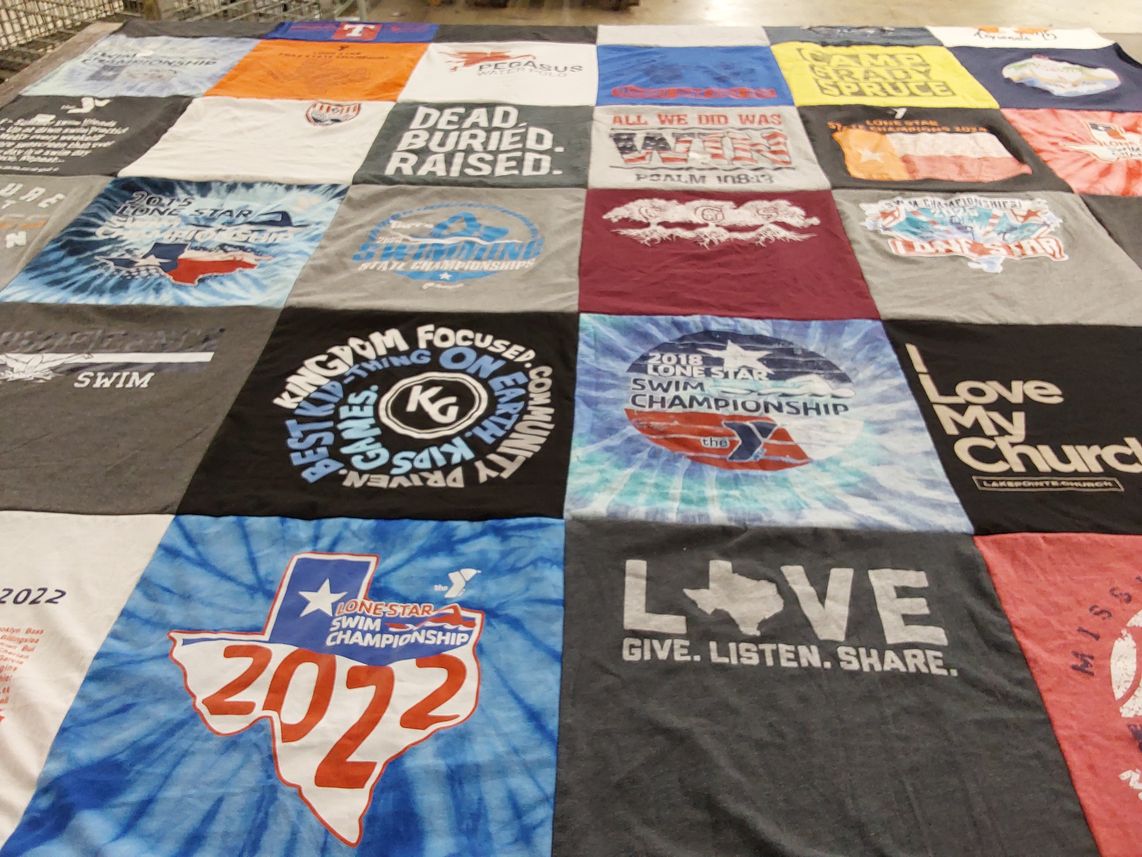T-shirt quilt with swimming, religion themes by Jennifer from TX