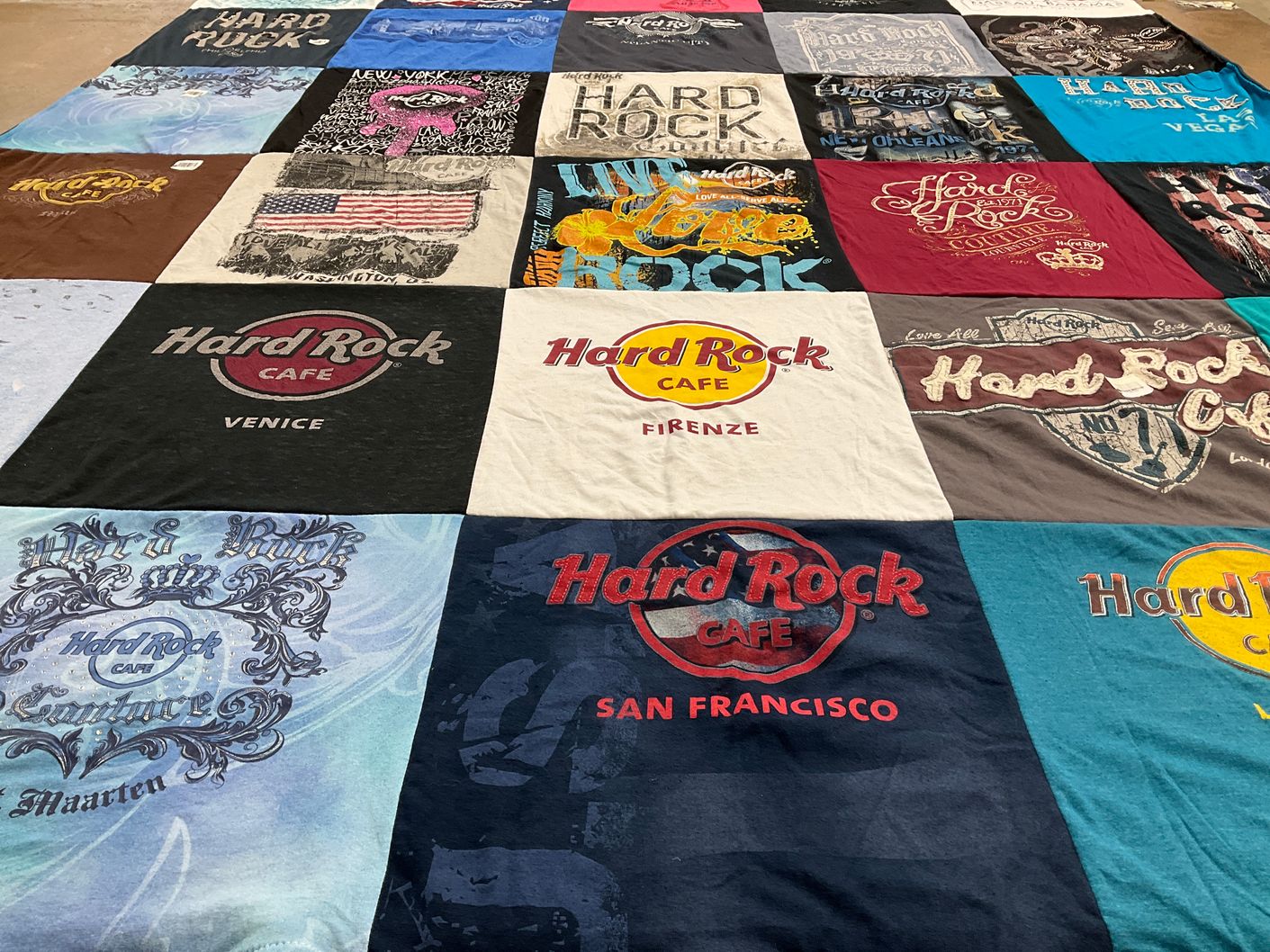 T-shirt quilt with music, travel themes by Jamie from FL
