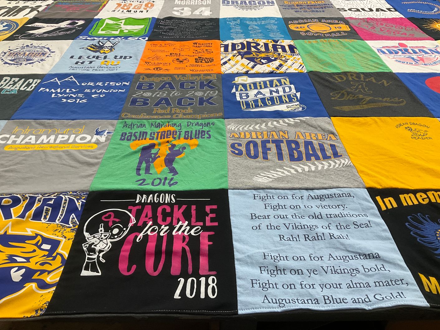 T-shirt quilt featuring adrian marching dragons, adrian area softball by Stacey from MN