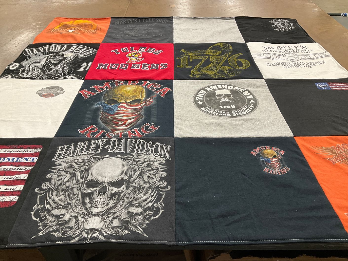 T-shirt quilt with motorcycles, patriotism themes by Annemarie from OH