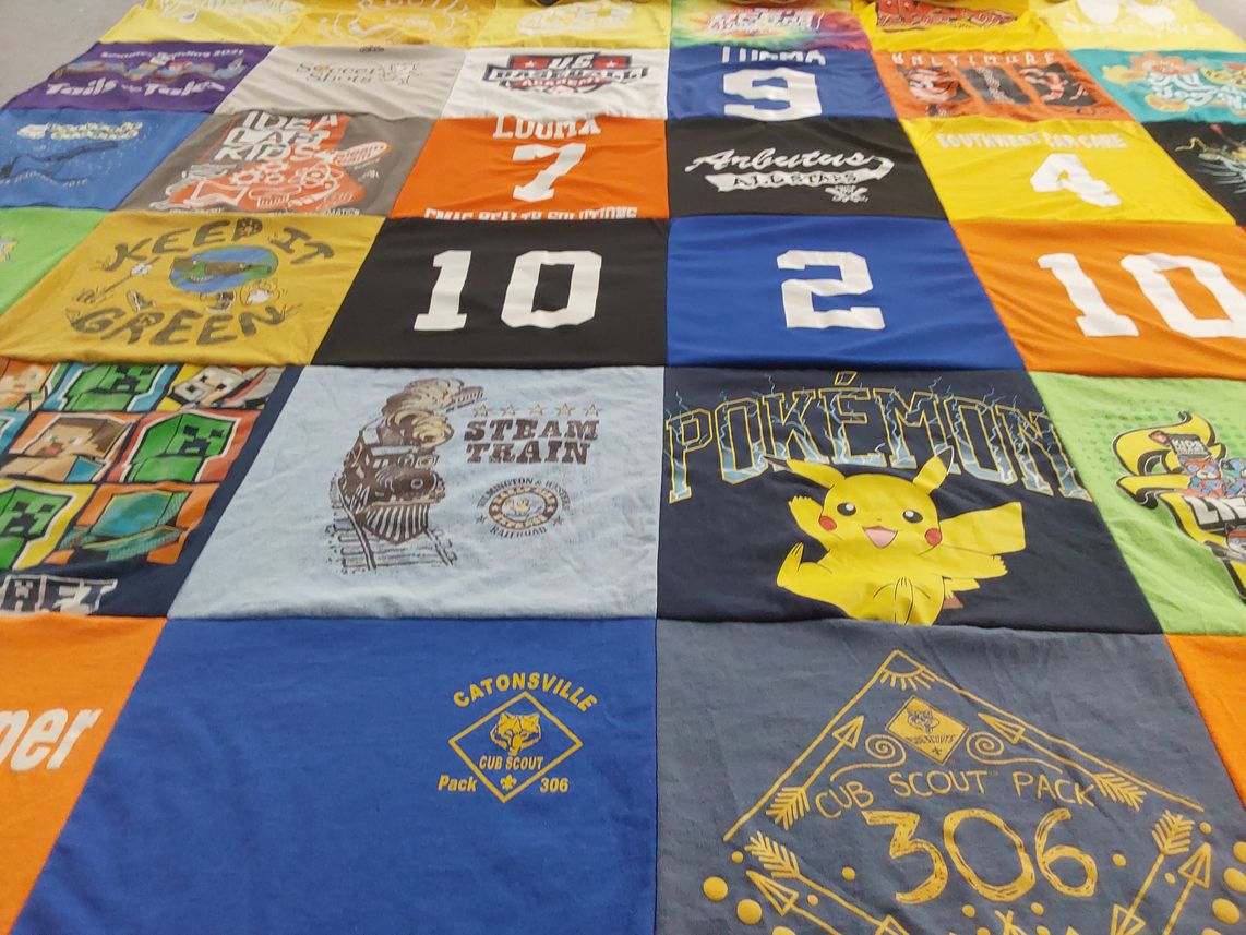 T-shirt quilt with boy scouts, gaming themes by Karin from MD