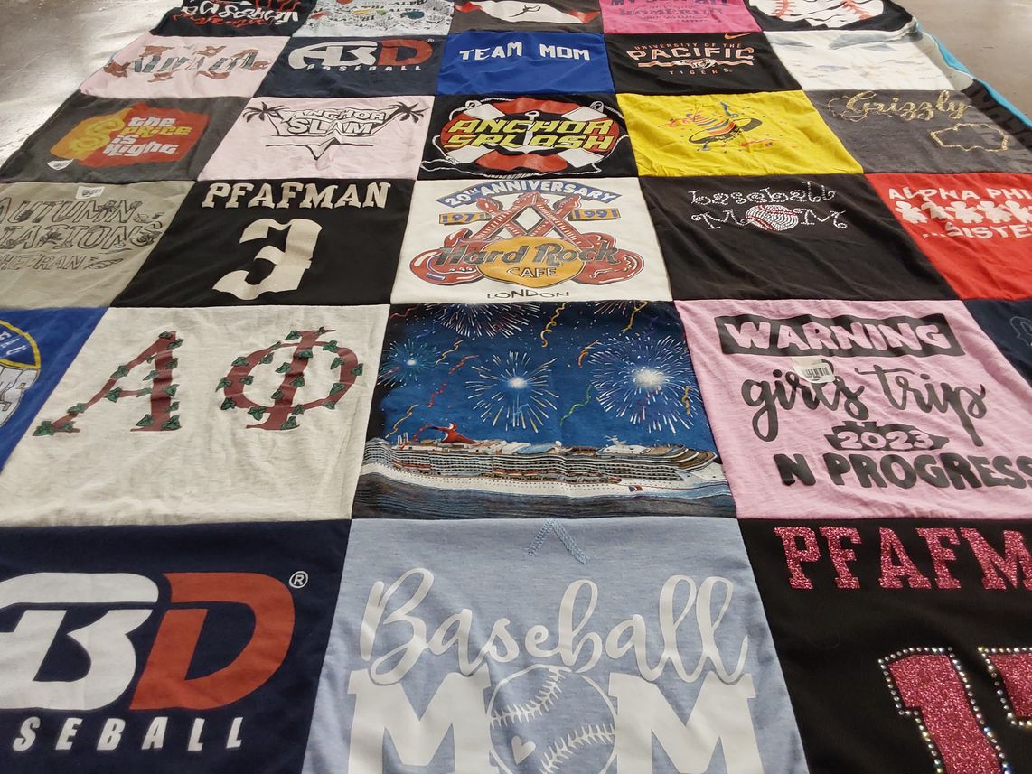 T-shirt quilt with baseball, travel themes by Stephanie from CA