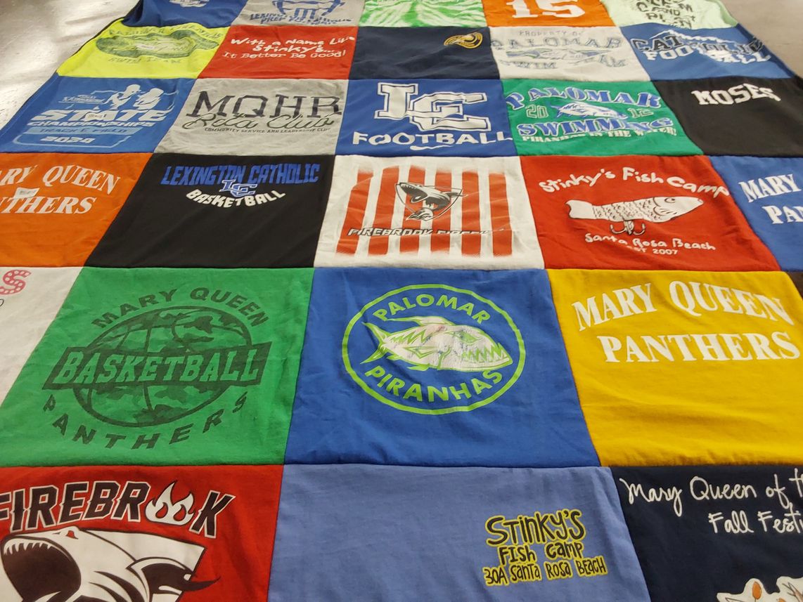 T-shirt quilt featuring mary queen panthers, palomar piranhas by laura from KY