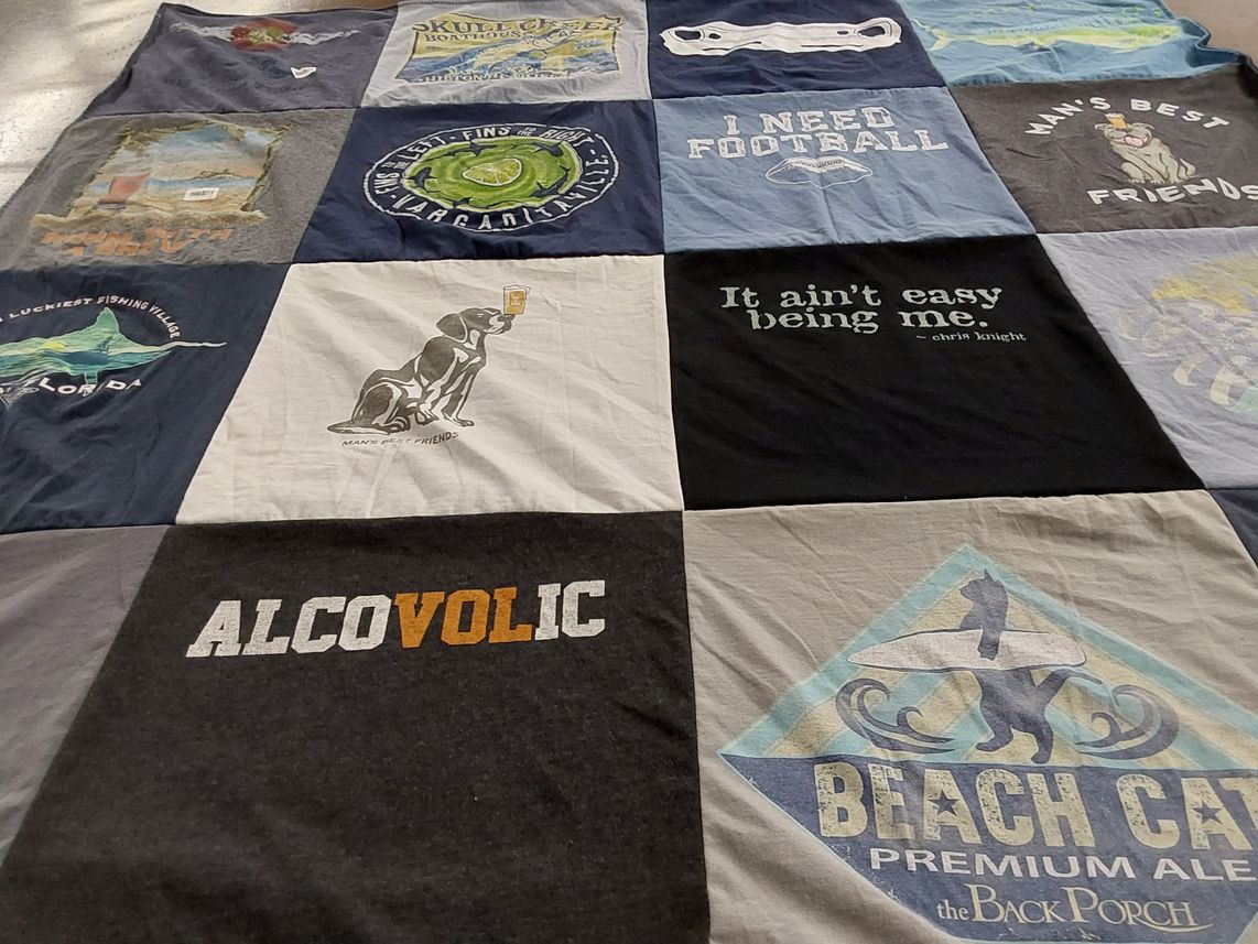 T-shirt quilt with fishing, beach themes by Christyna from TN