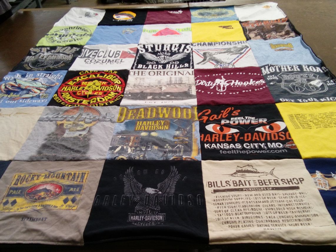 T-shirt quilt with motorcycles, barbecuing themes by Holly from MO
