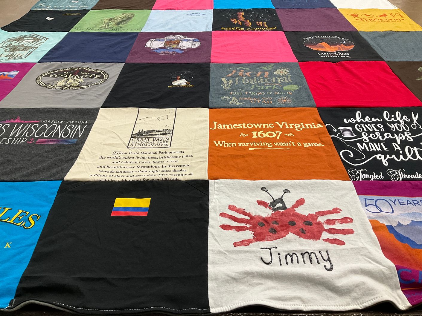 T-shirt quilt with travel, national parks themes by Yamileth from CA