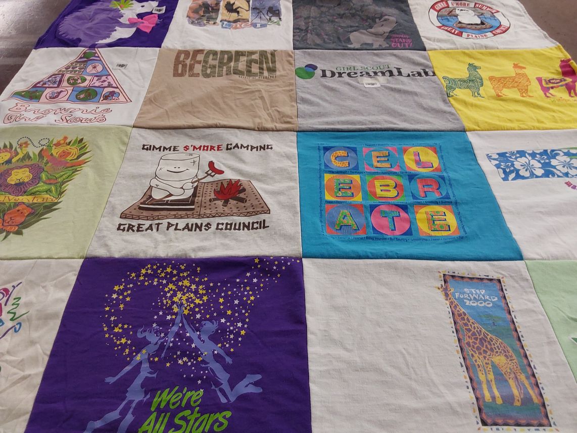 T-shirt quilt with camping, girl scouts themes by Denise from NE