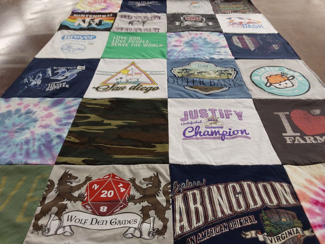 T-shirt quilt with gaming, farming themes by Stephanie from VA