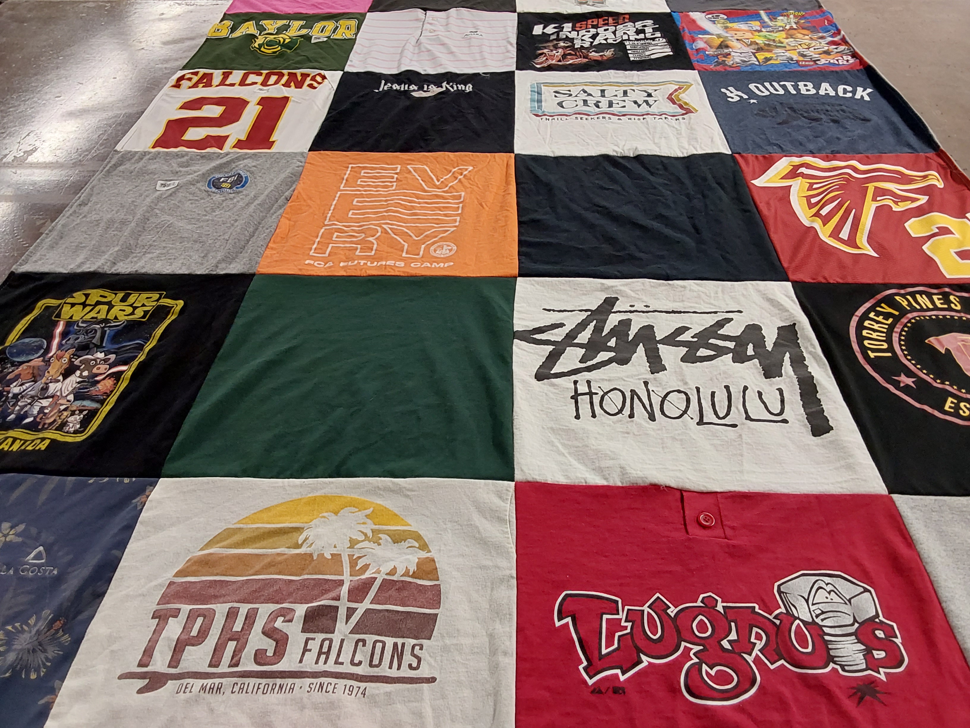 T-shirt quilt featuring baylor university bears, torrey pines high school falcons by Bridgid from CA
