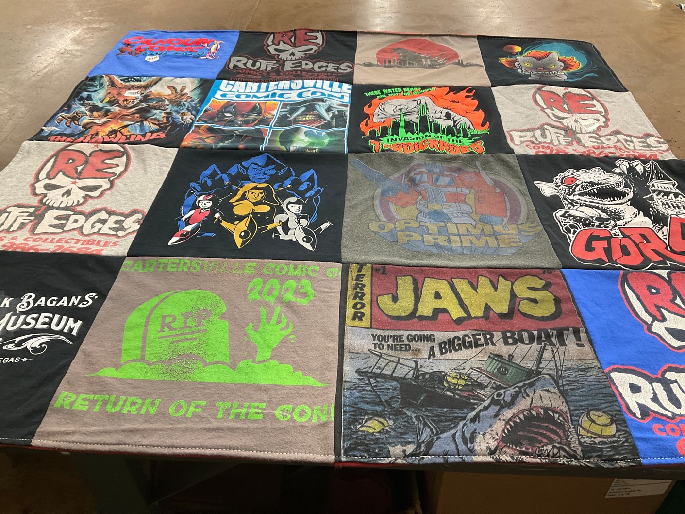 T-shirt quilt with comic books, horror movies themes by Leslie from GA