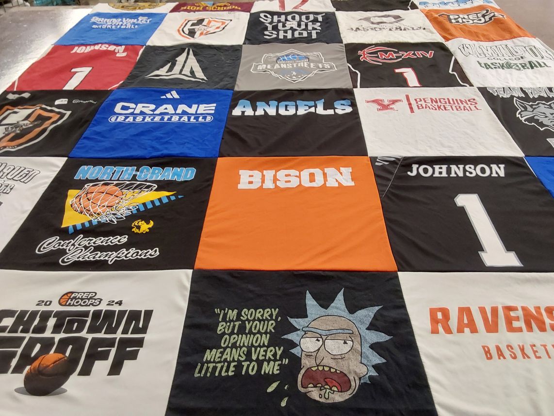 T-shirt quilt featuring penguins basketball, ravens basketball by Amy from IL