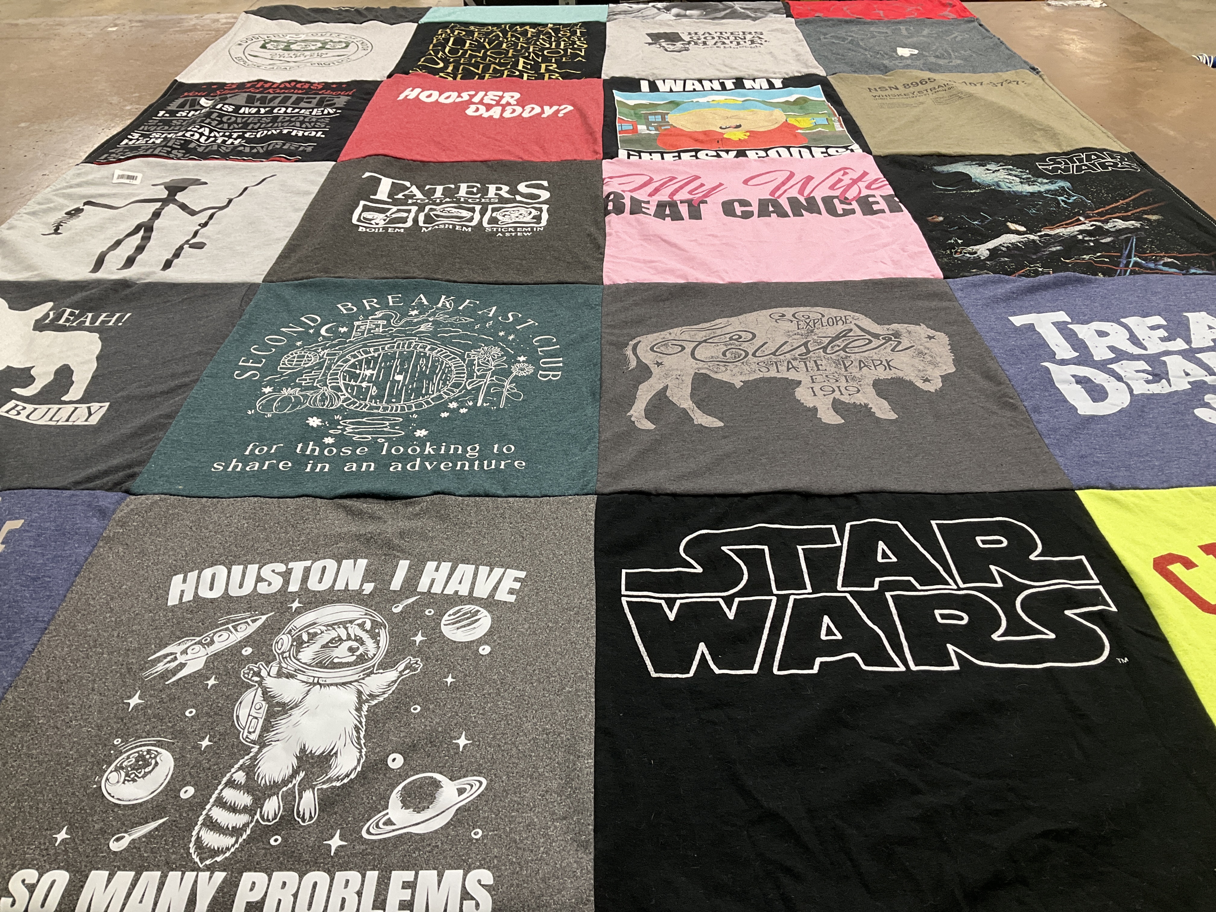 T-shirt quilt with pop culture, adventure themes by Chelsea from MI