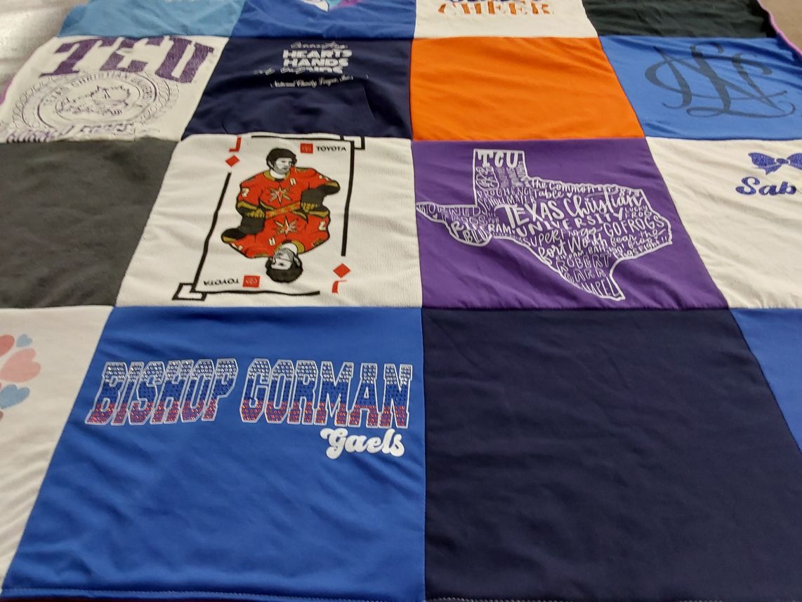 T-shirt quilt from texas christian university, bishop gorman high school by Jennifer from NV