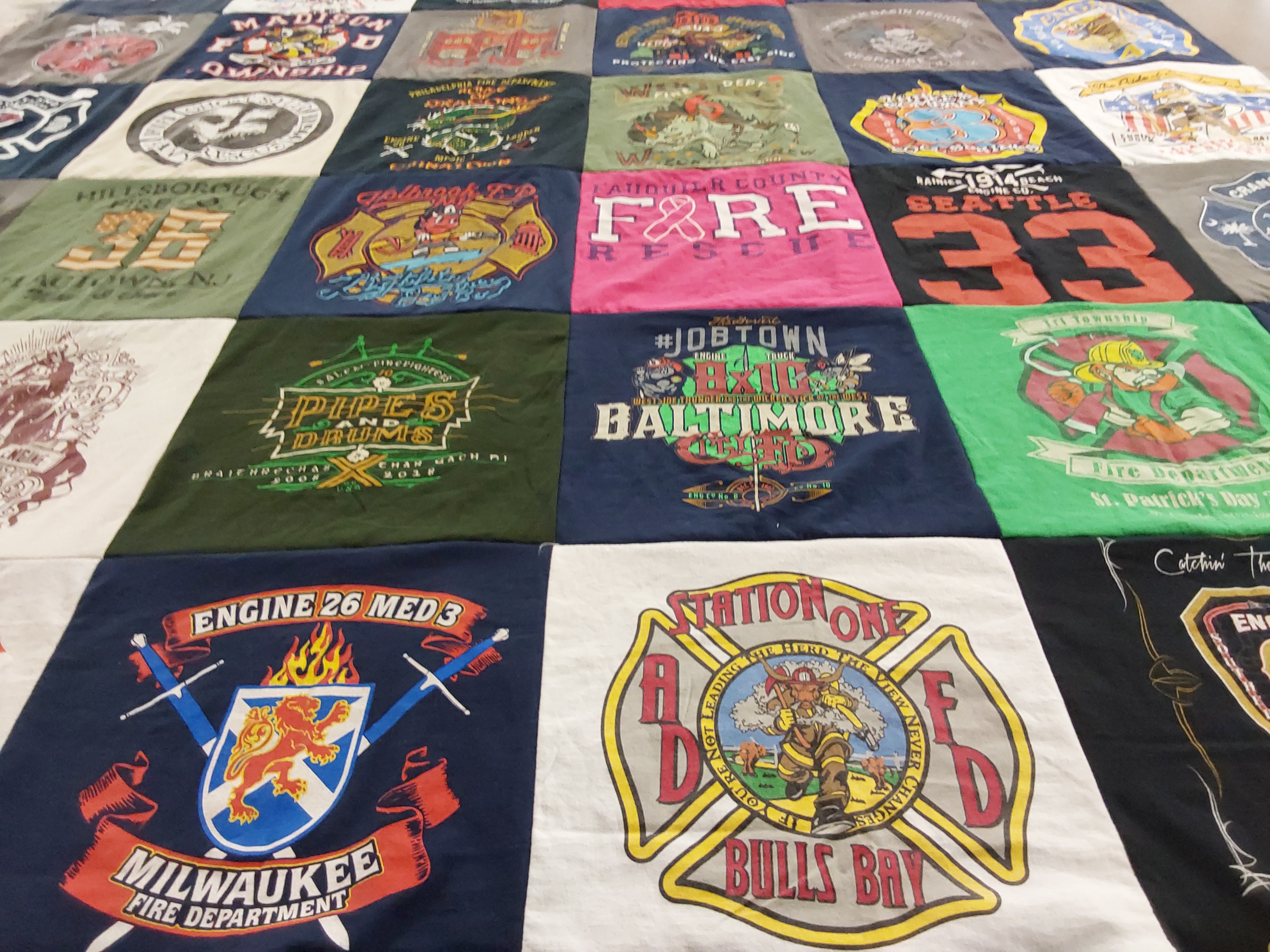 T-shirt quilt with firefighting, music themes by Joseph from VA