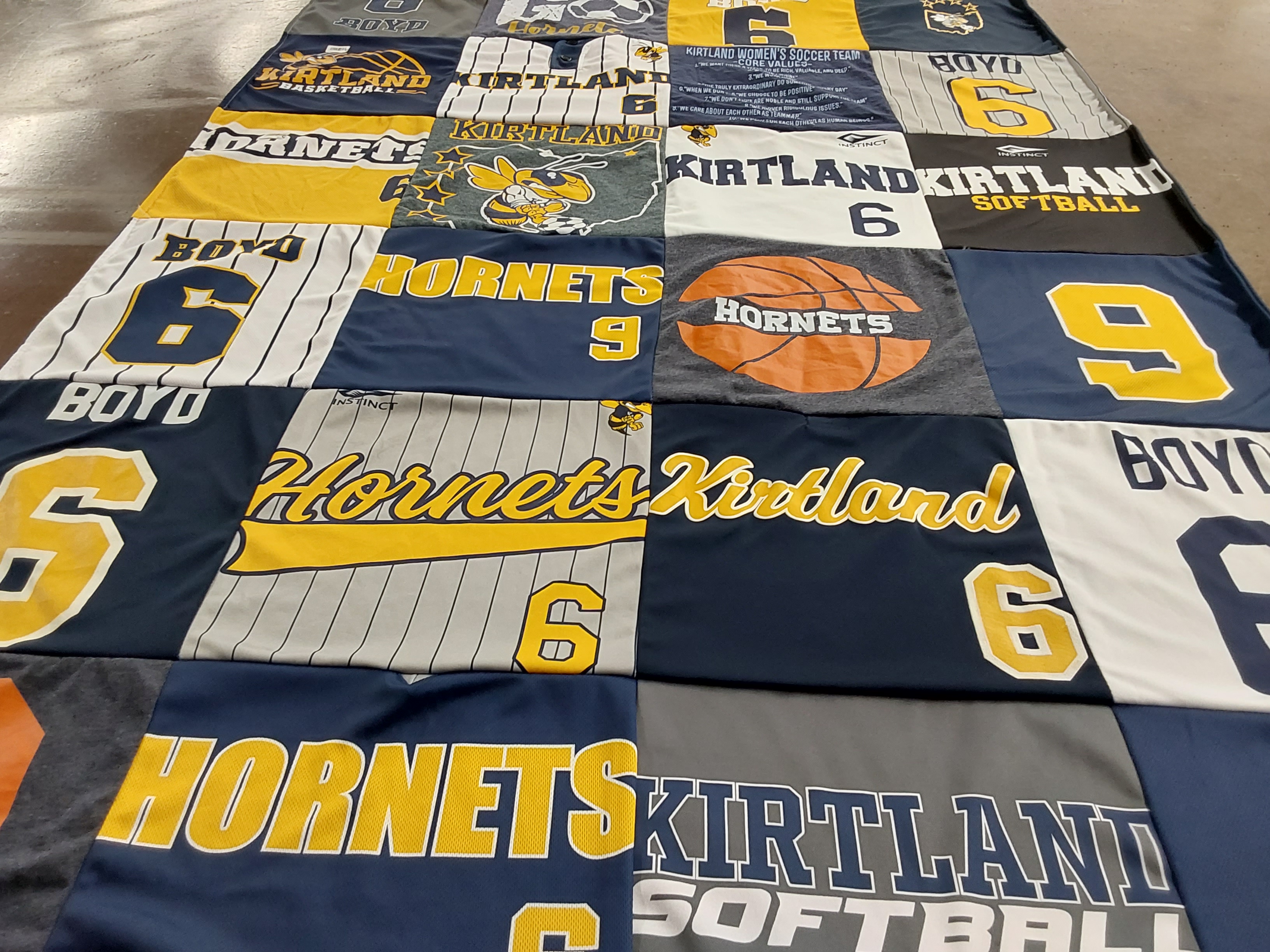 T-shirt quilt featuring kirtland hornets by Lisa from OH