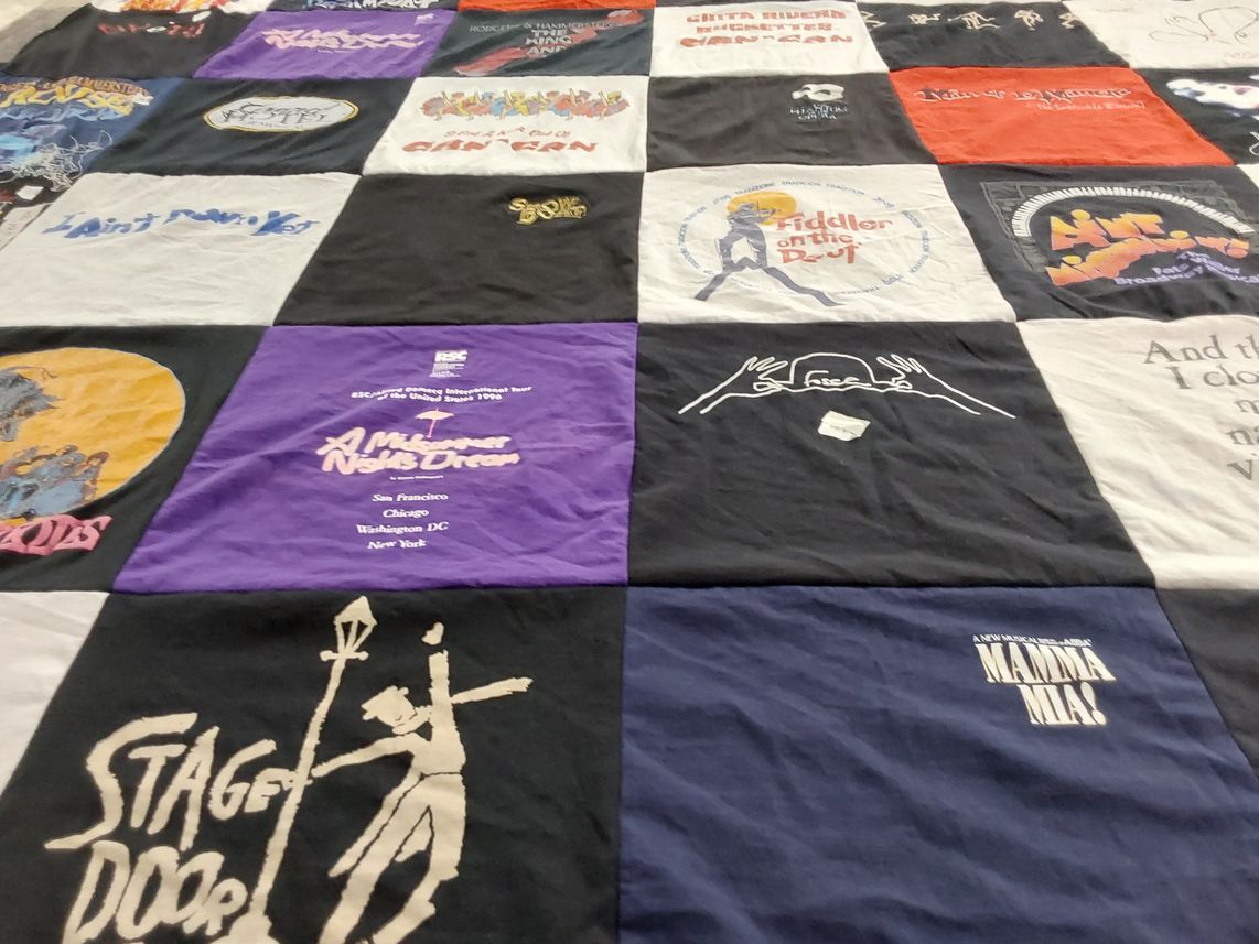 T-shirt quilt with theater, musicals themes by Doreen from TX