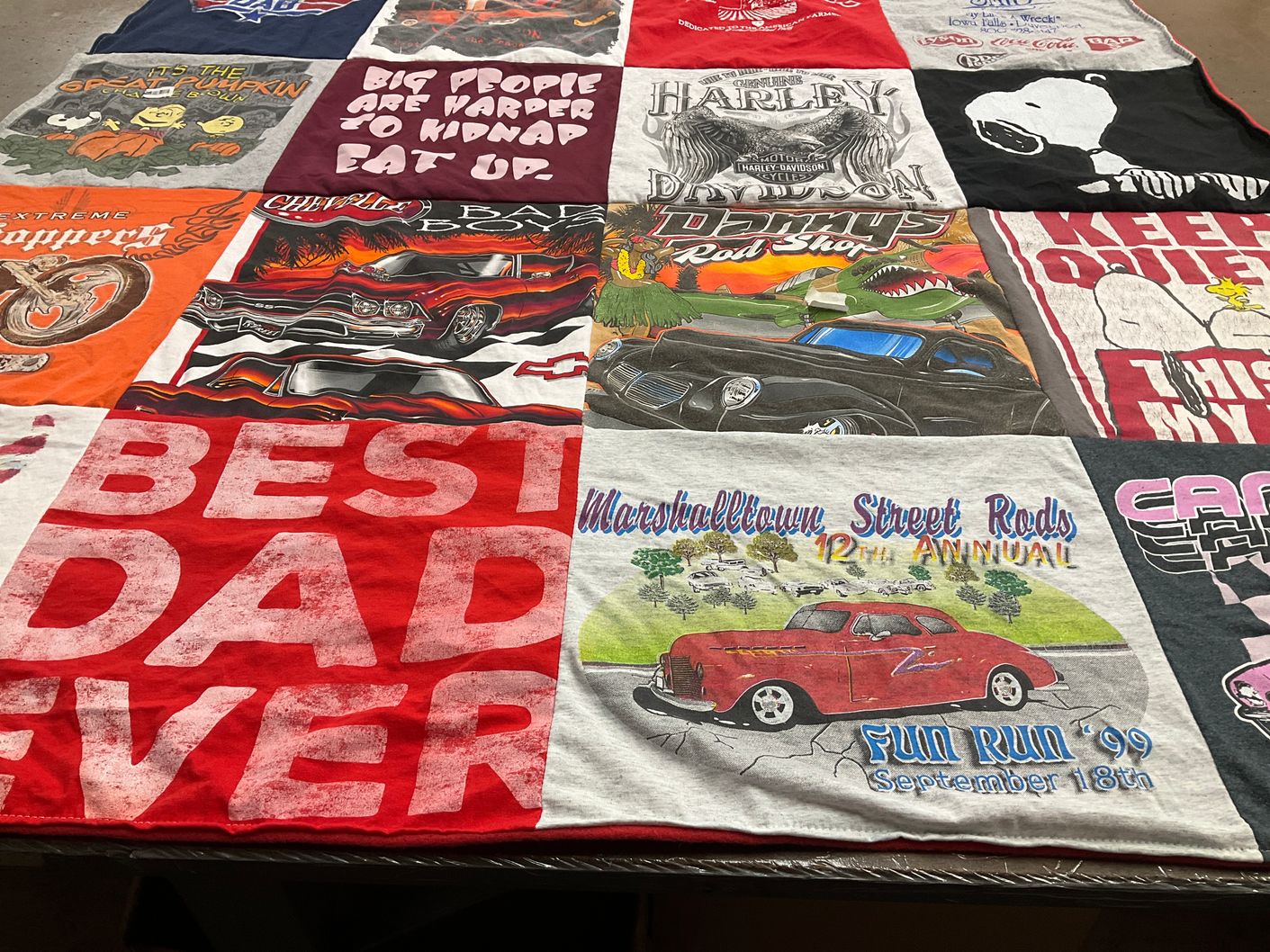 T-shirt quilt with cars, motorcycles themes by Julie from IA