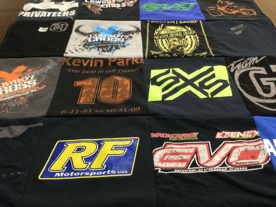 T-shirt quilt with motorsports, biking themes by Dina from WA