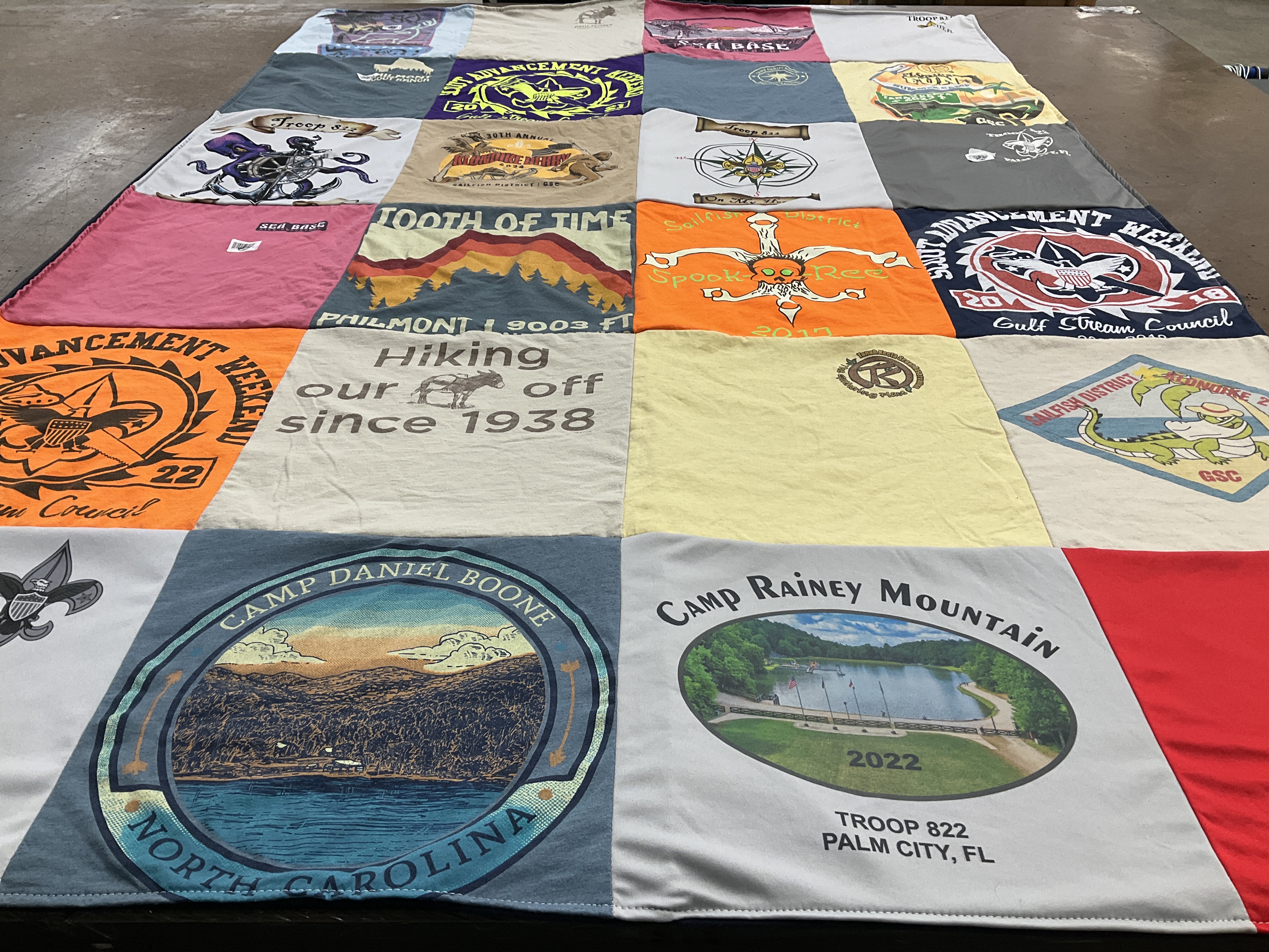 T-shirt quilt with hiking, scouting themes by Deborah from FL