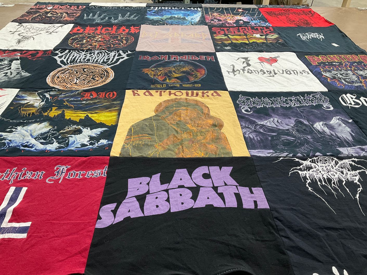 T-shirt quilt with heavy metal music, doom metal themes by Joshua from CA