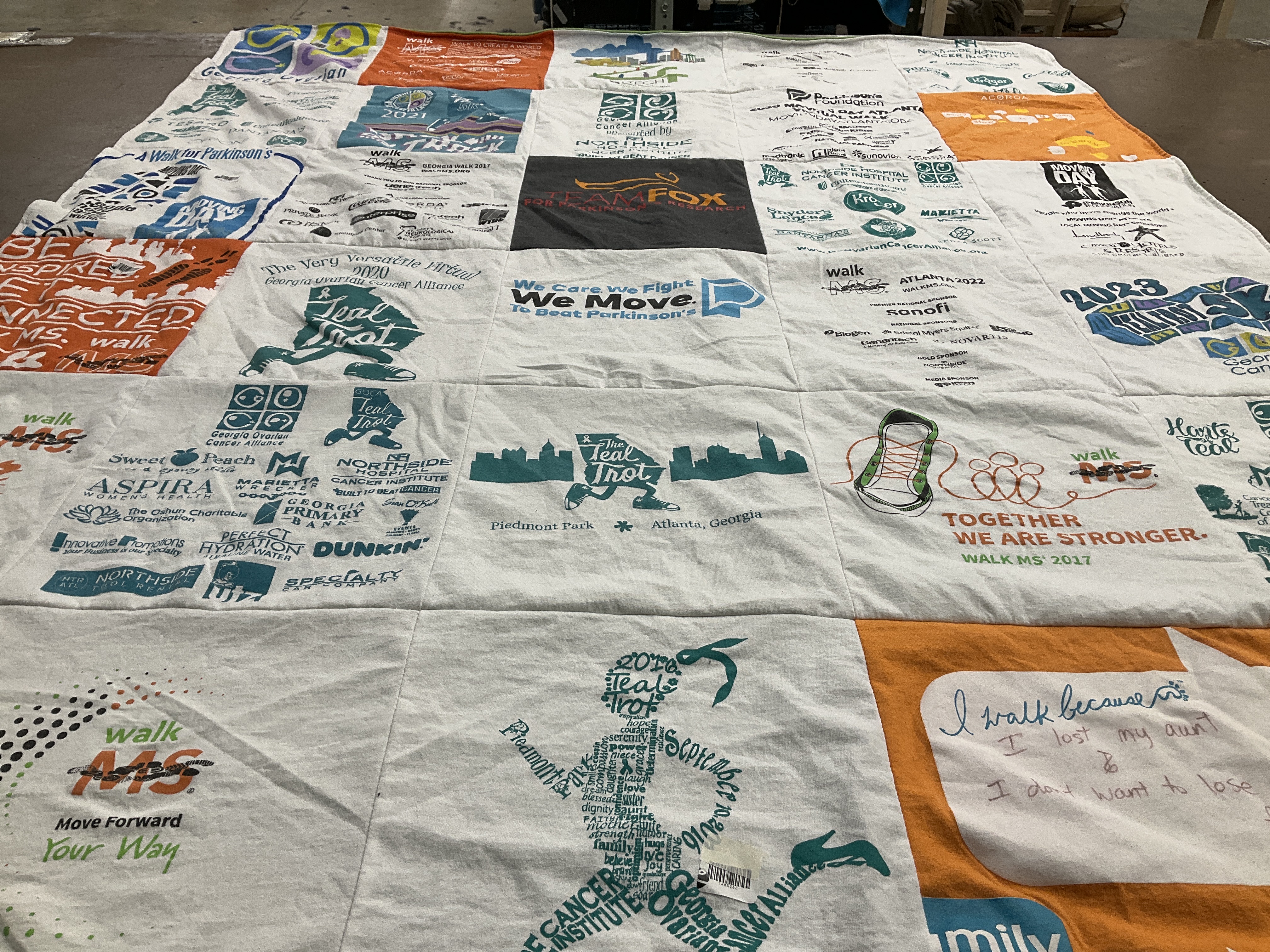 T-shirt quilt with parkinson's, cancer themes by Stacy from GA