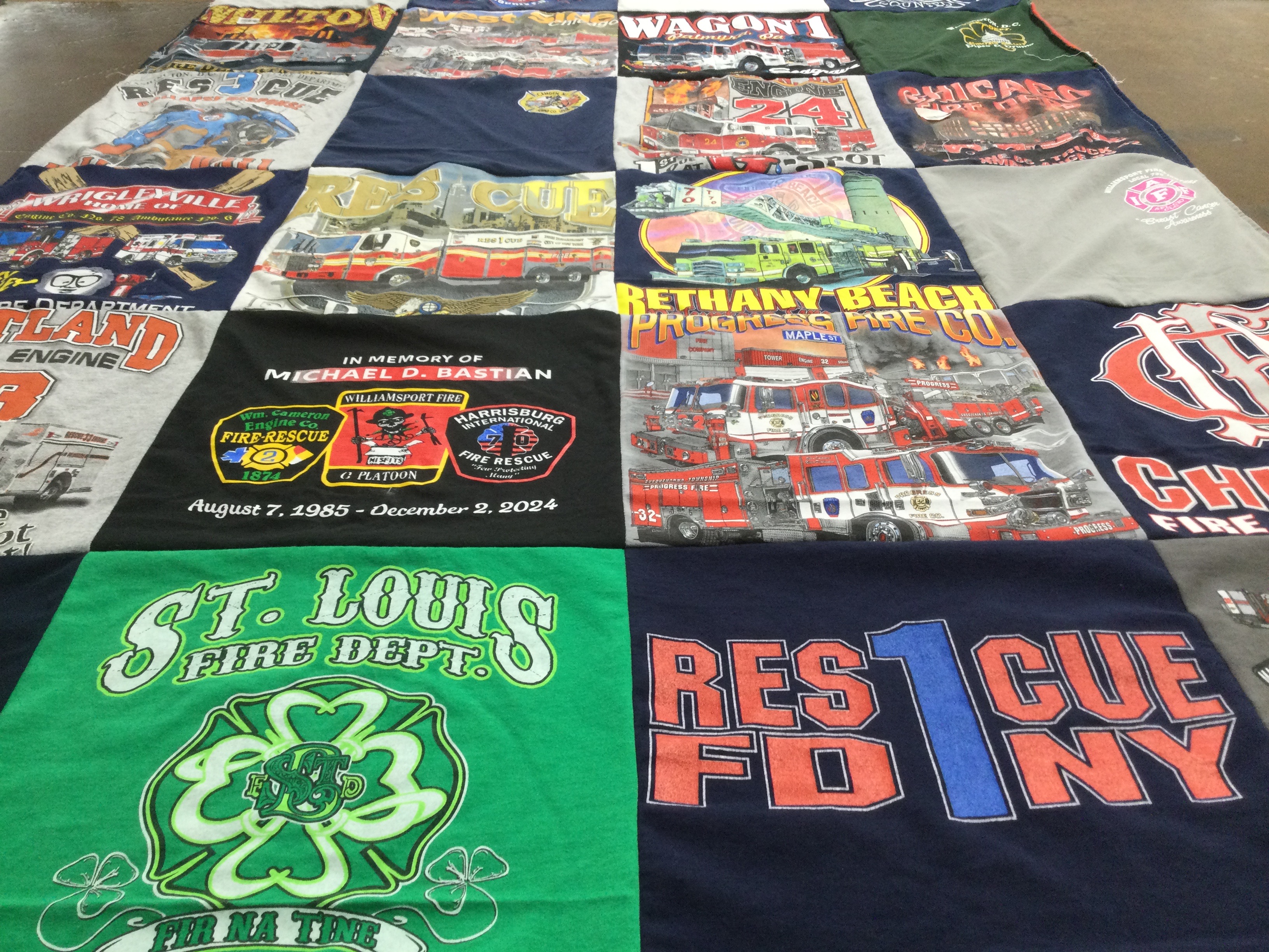 T-shirt quilt with firefighting, emergency services themes by Amanda from PA