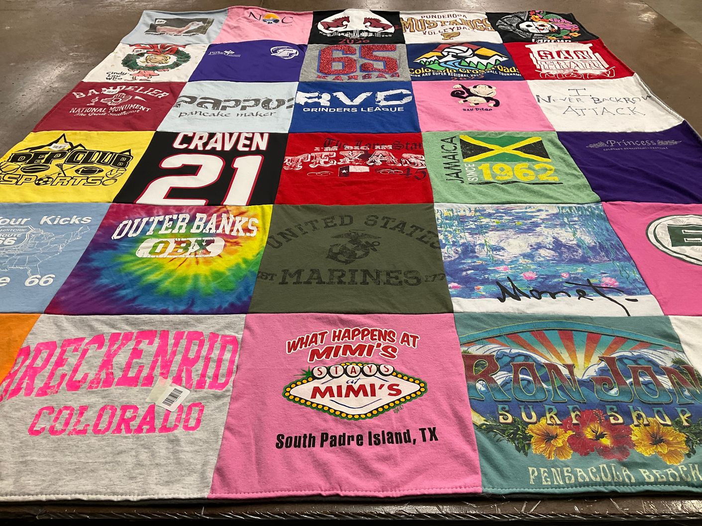 T-shirt quilt with travel, surfing themes by Jennifer from CO