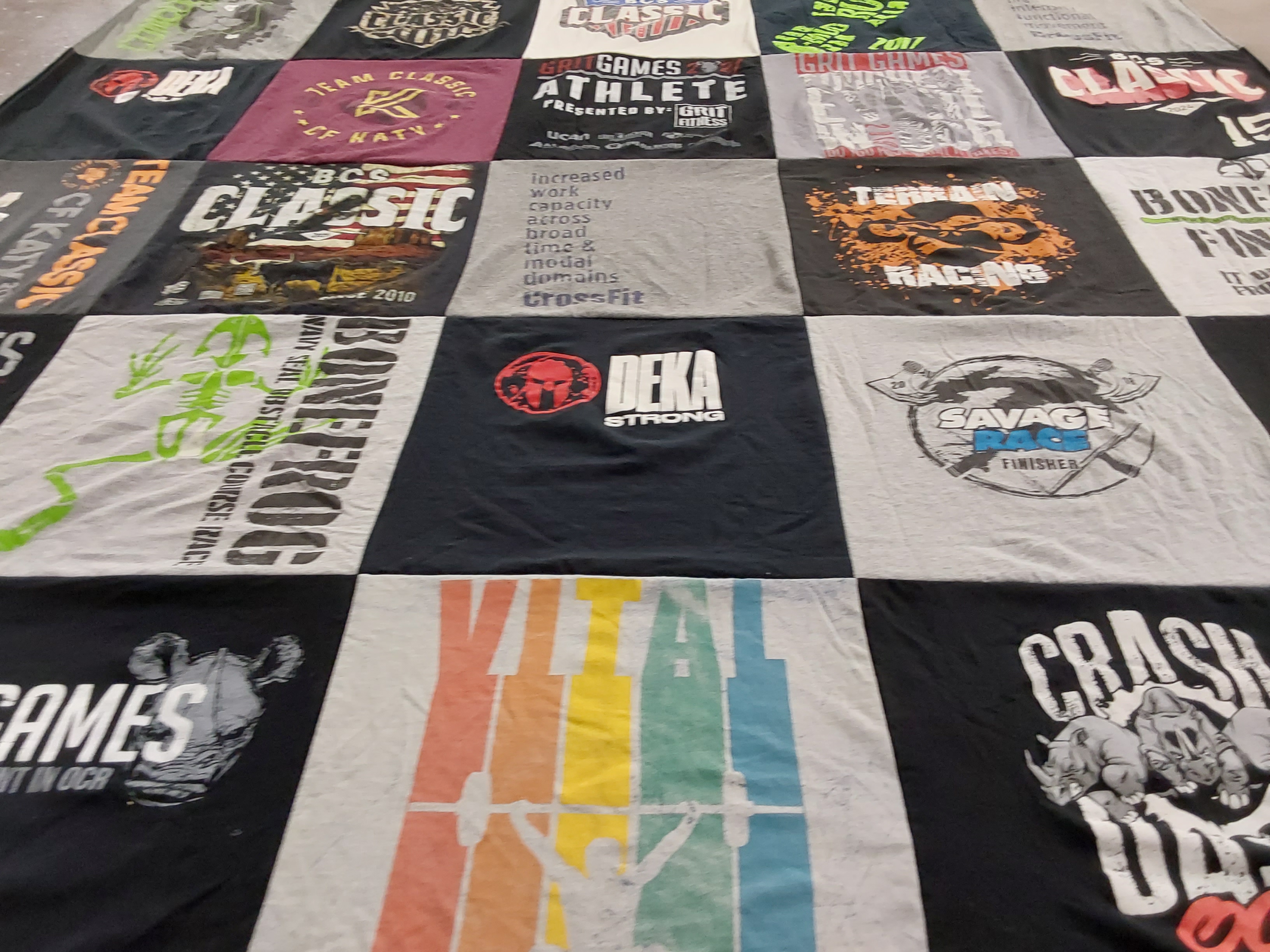 T-shirt quilt with fitness, crossfit themes by Beatriz from TX