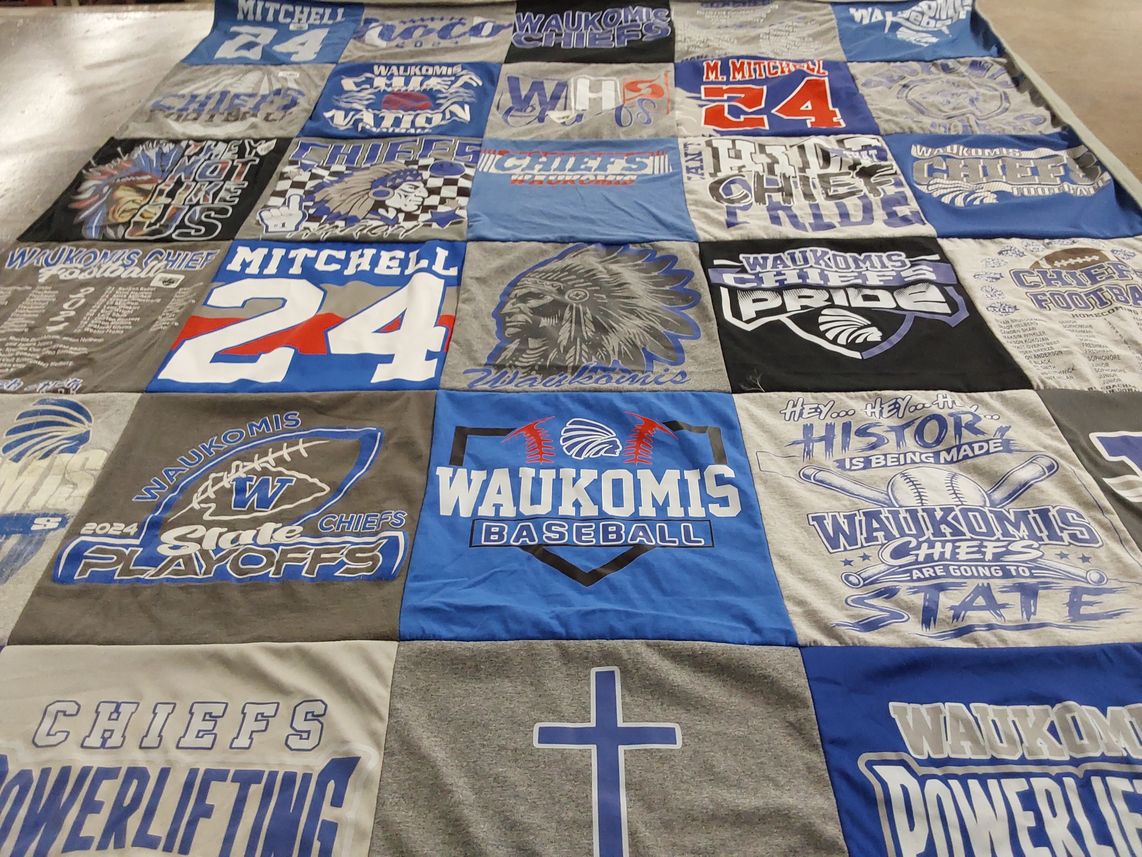 T-shirt quilt featuring waukomis chiefs by Amy from OK