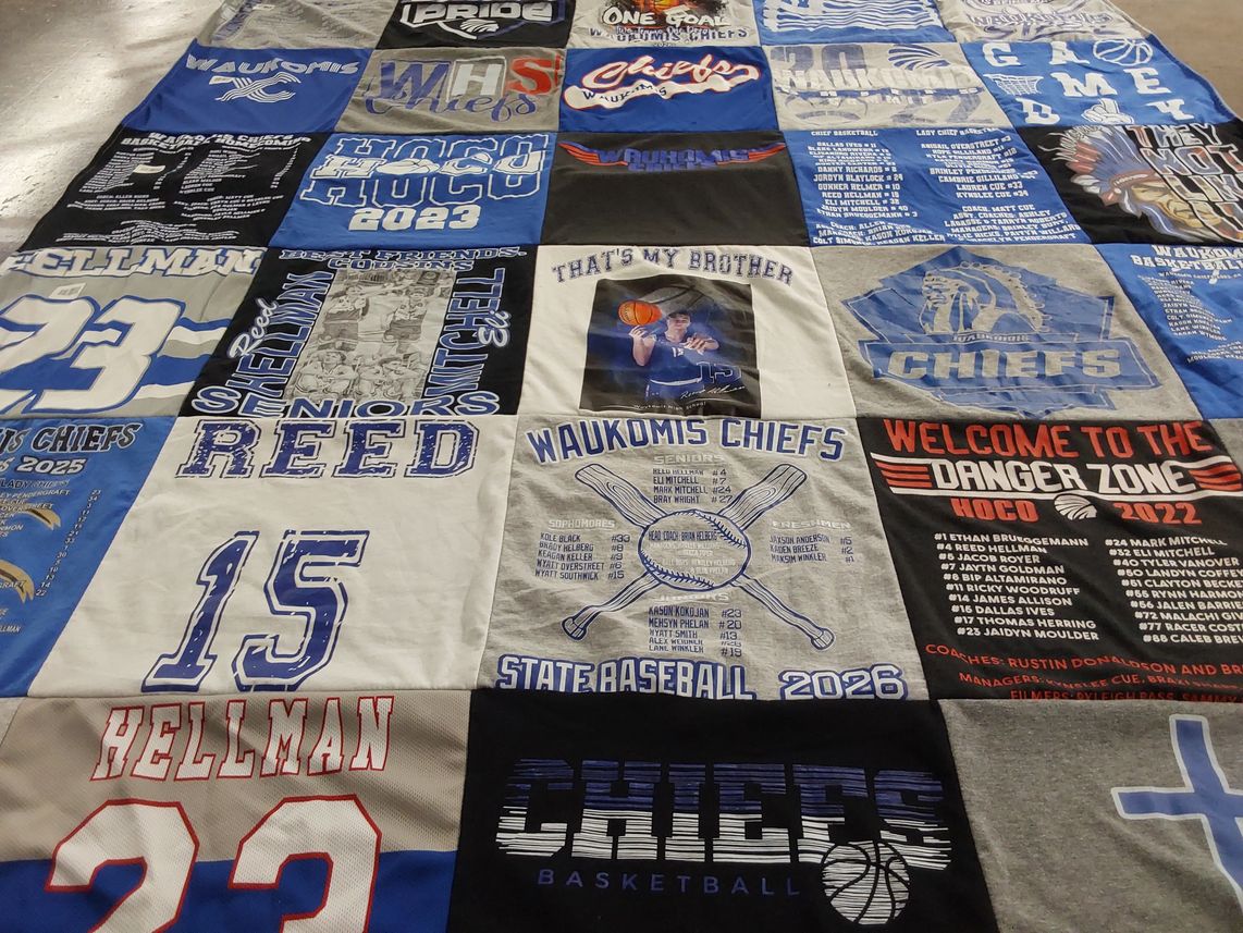 T-shirt quilt featuring waukons chiefs basketball, waukons chiefs baseball by Amy from OK