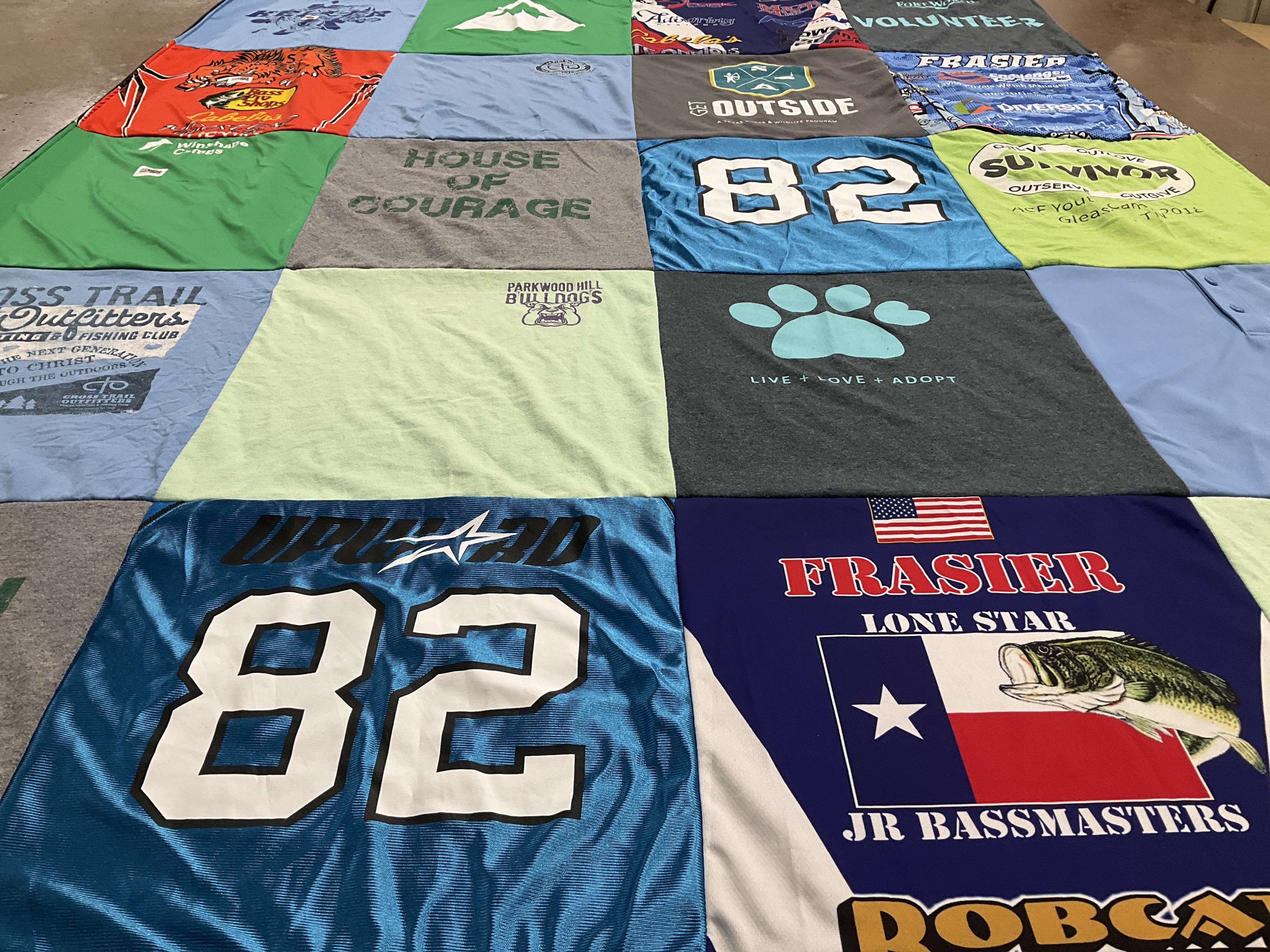T-shirt quilt with fishing, outdoor activities themes by Shelly from TX