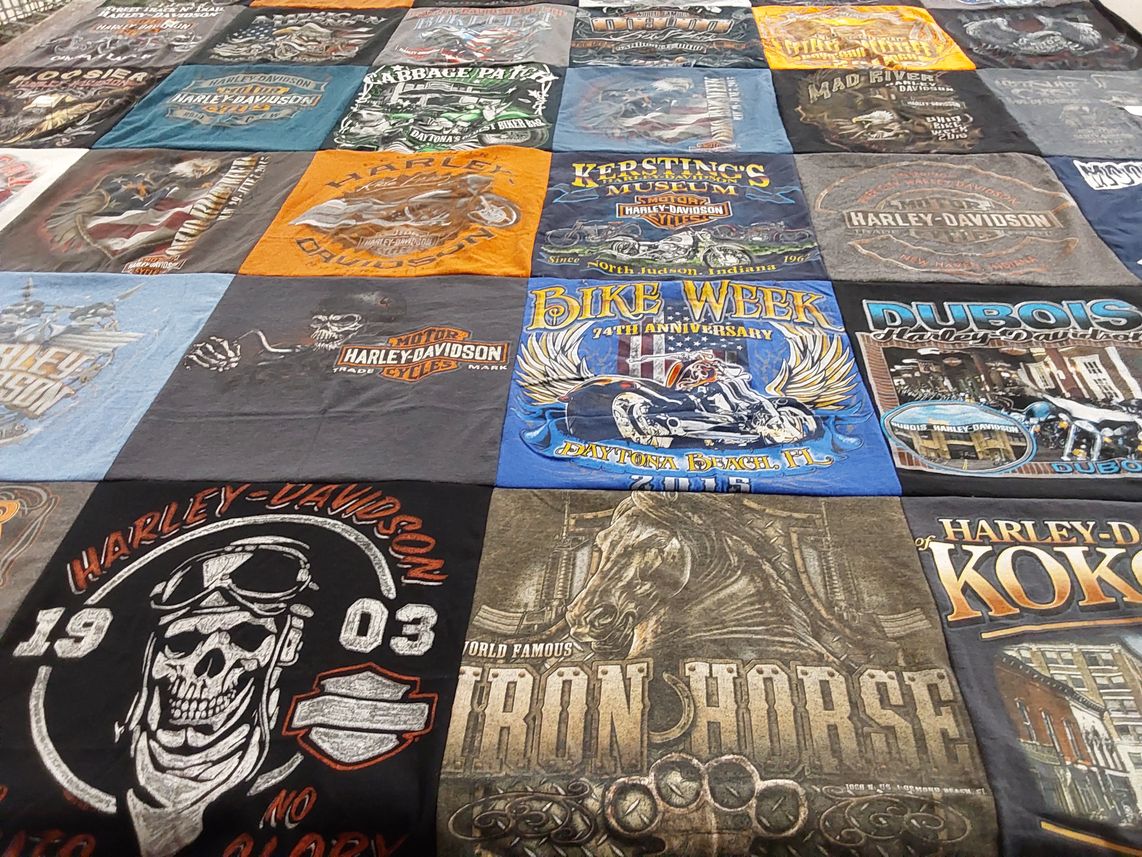 T-shirt quilt with motorcycles, biking themes by Ron from IN