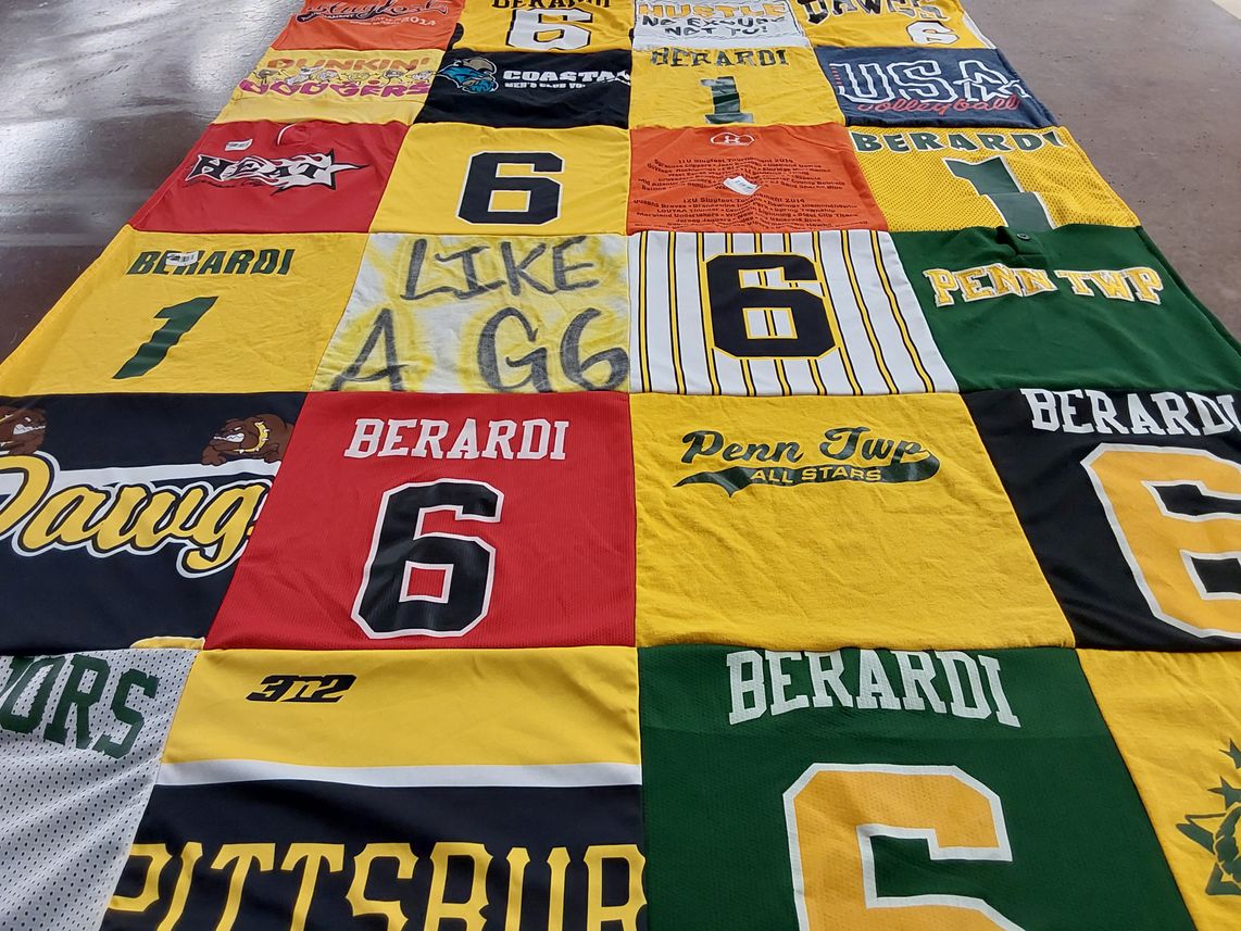 T-shirt quilt with sports, volleyball themes by Shelley from FL