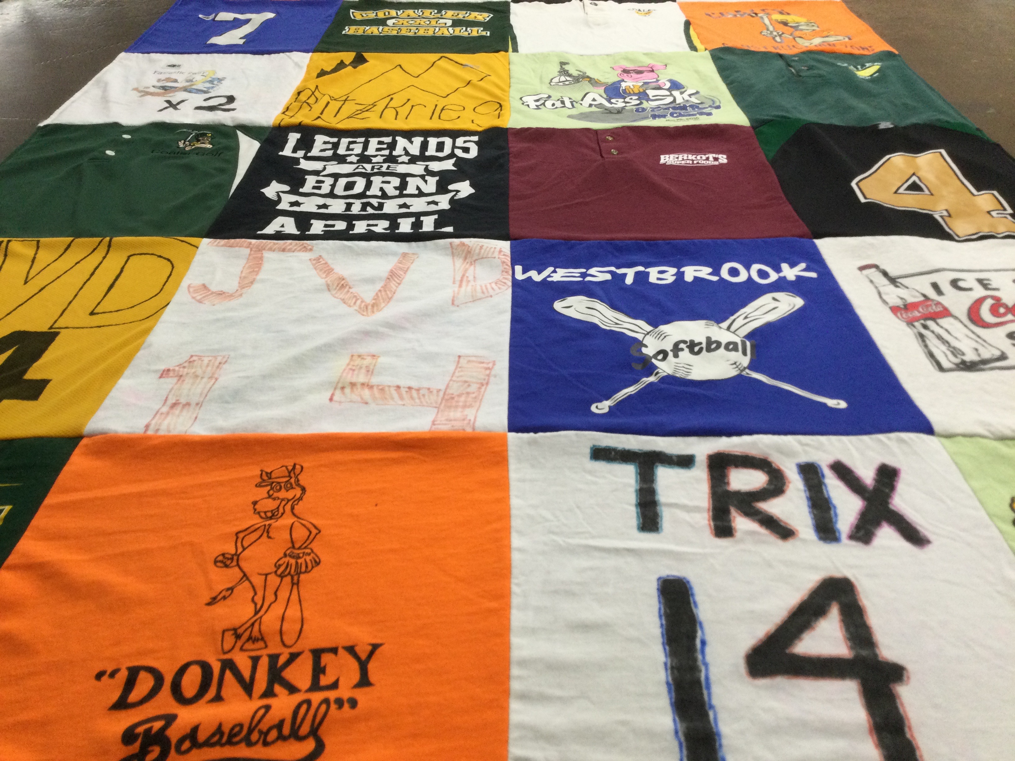 T-shirt quilt with sports, baseball themes by Julie from IL