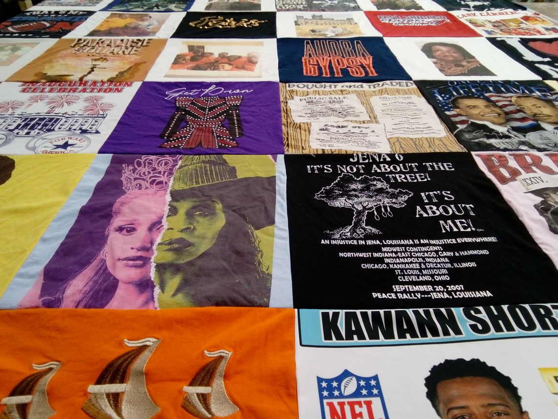 T-shirt quilt with social justice, community themes by Gilda from IN