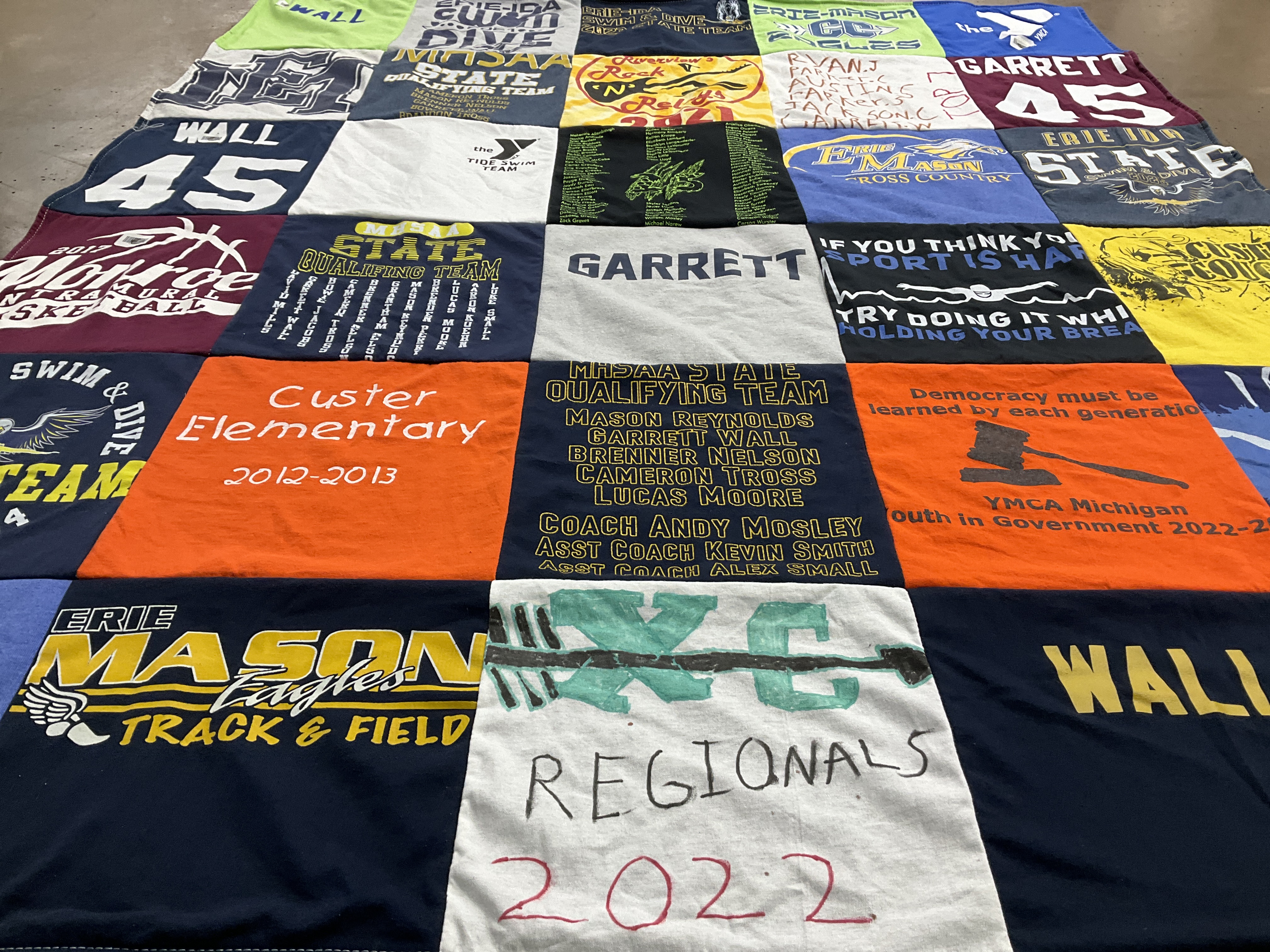 T-shirt quilt featuring mason eagles track and field, monroe basketball by Kendra from OH