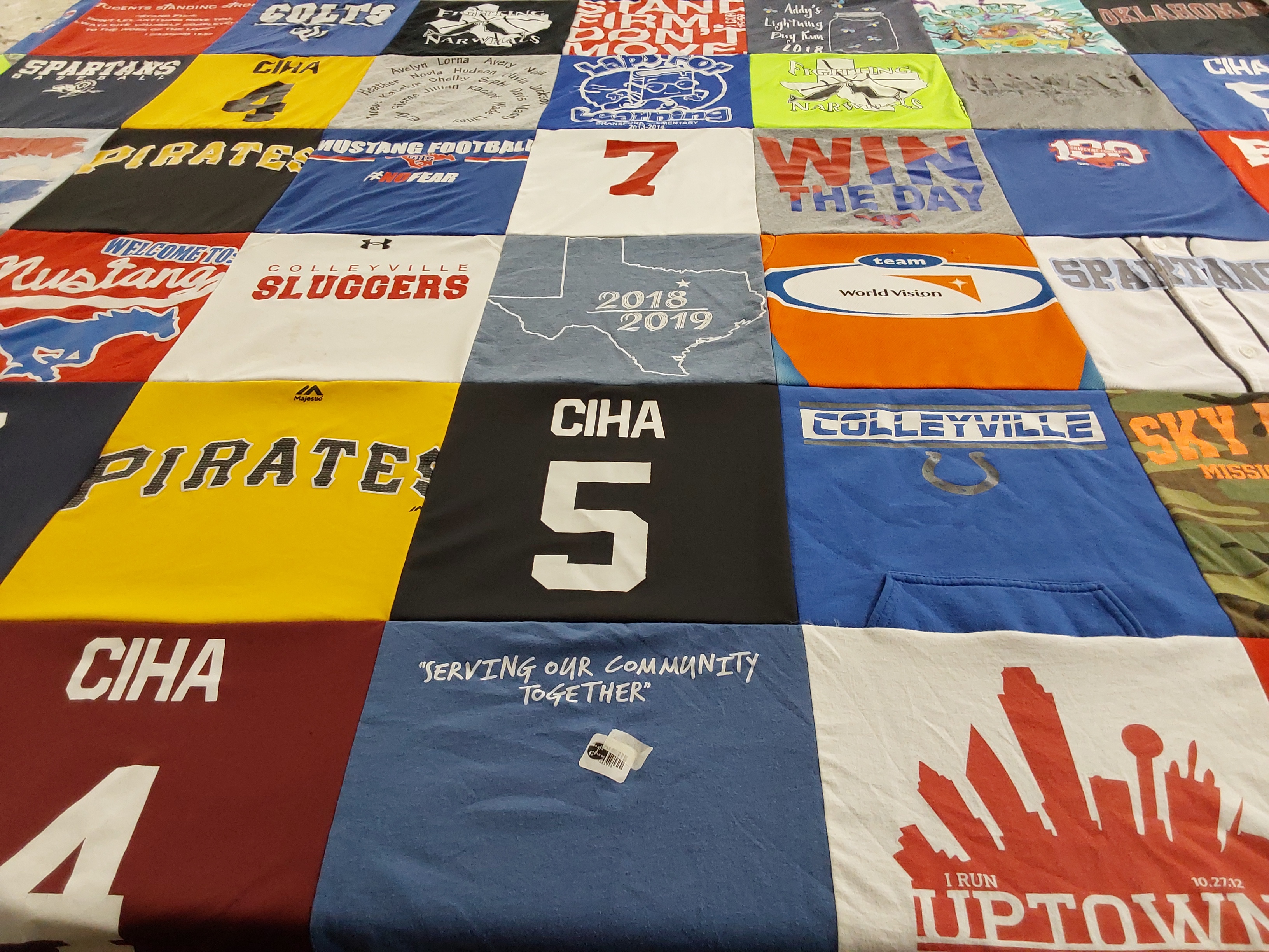 T-shirt quilt featuring colleyville mustangs, ciha pirates by Teresa from TX