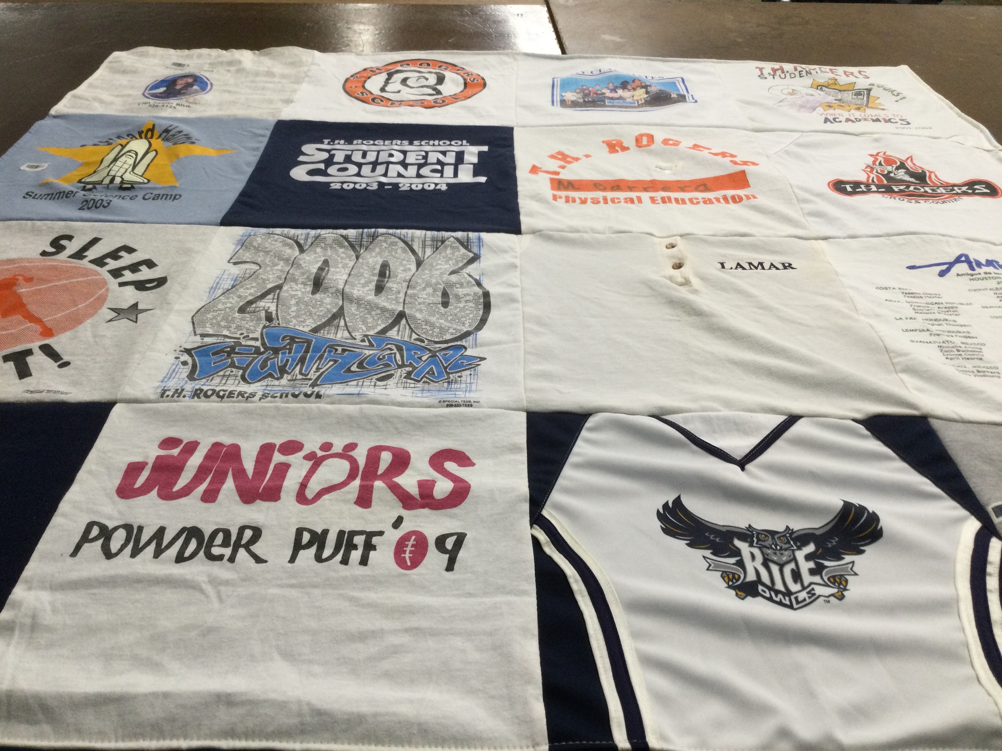 T-shirt quilt featuring rice university owls by Maribel from TX